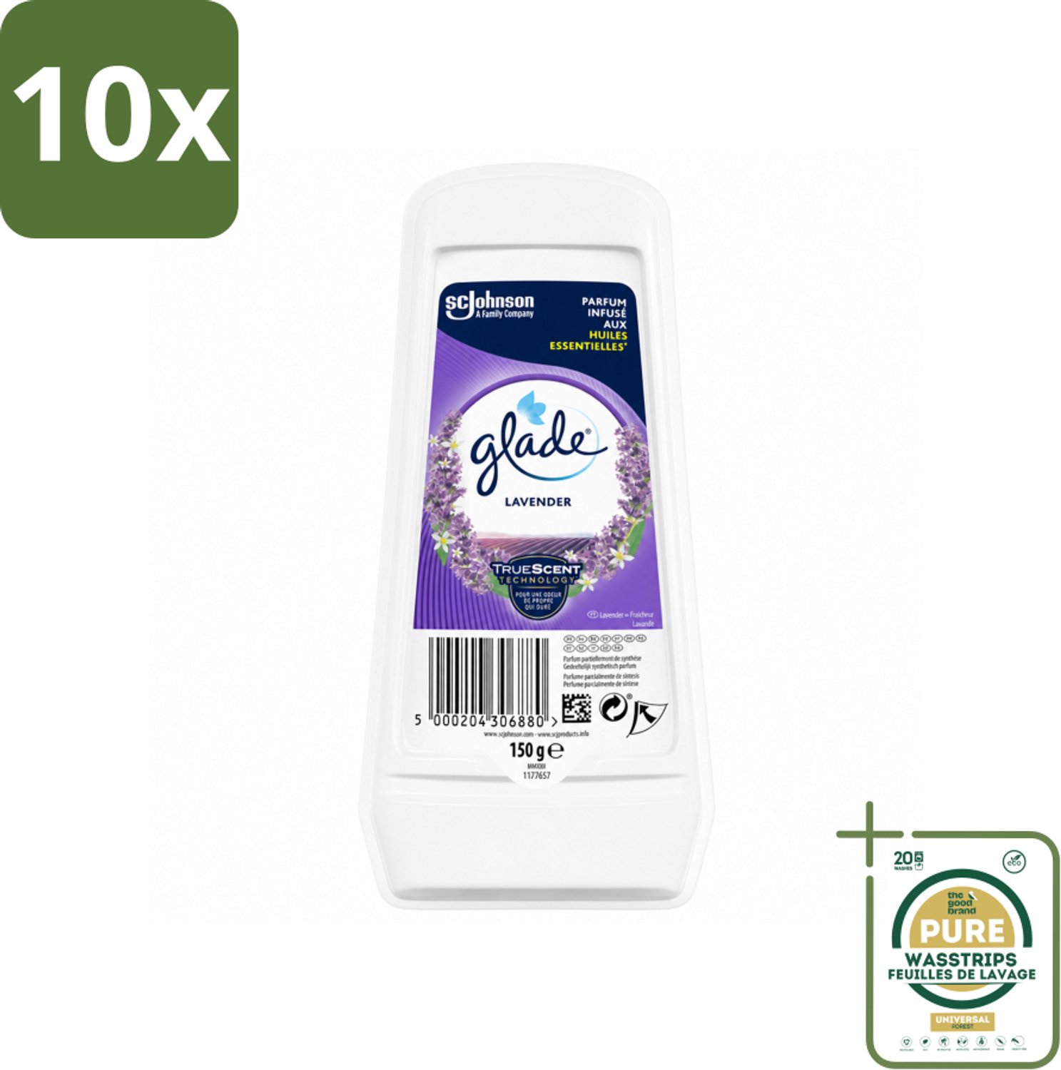 10 x Glade - Gel - Tranquil Lavender & Aloë - 150 g - Wasstrips - Luchtverfrisser Gel - Lavendel Geur - Frisheid Thuis - Ontspanning Thuis - Geur Neutraliseren
