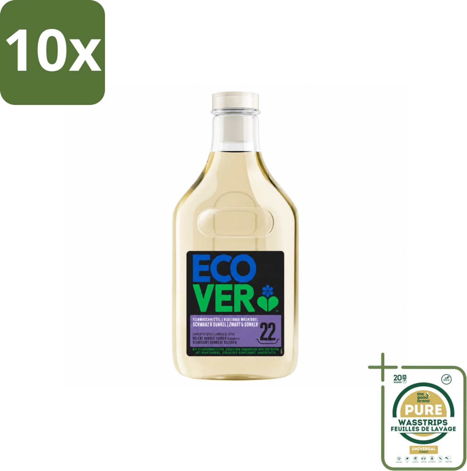 10 x Ecover - Vloeibaar wasmiddel - Zwart & Donker - 1 liter - 22 wasbeurten - Wasstrips - Donker Wasmiddel - Kleurbehoud - Donkere Stoffen - Kleuroverdracht Voorkomen - Ecologisch Wasmiddel