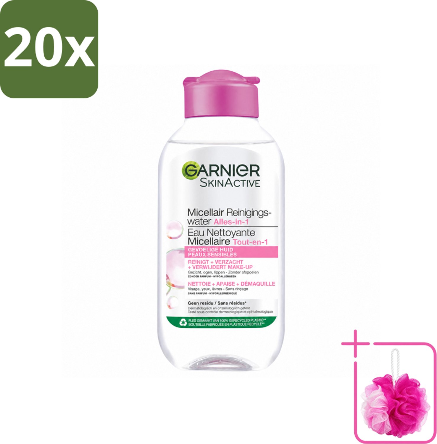 20 x Garnier - SkinActive - Micellair Reinigingswater - Gevoelige Huid - Reisformaat - 100 ml - Bulkverpakking - Micellair reinigingswater - Douchemop - Gevoelige huid
