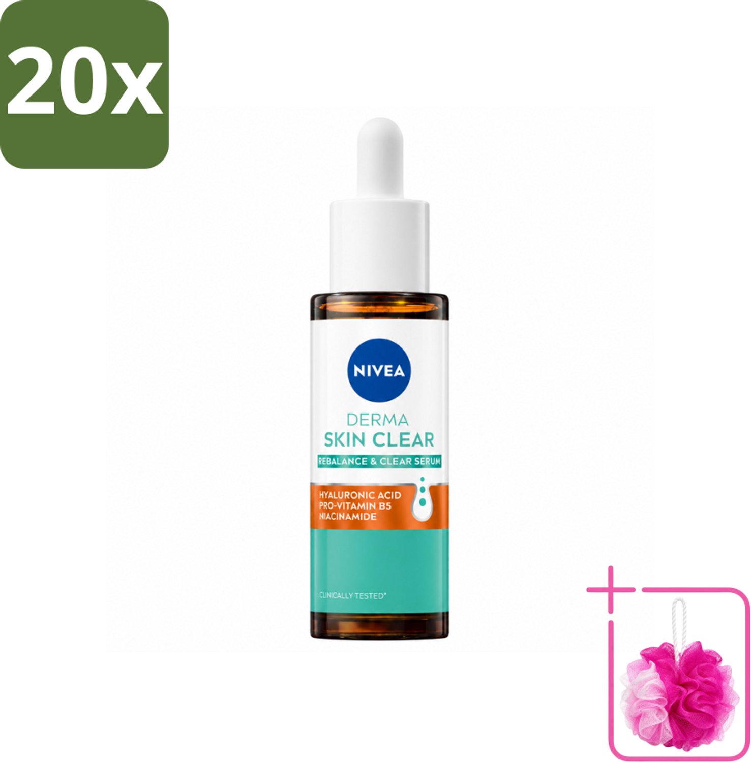20 x Nivea - Derma - Skin Clear Serum - Zuiverend en Kalmerend - Met Hyaluronzuur en Niacinamide - 30 ml - Bulkverpakking - Huidzuiverend serum - Douchemop - Huidkalmerend serum