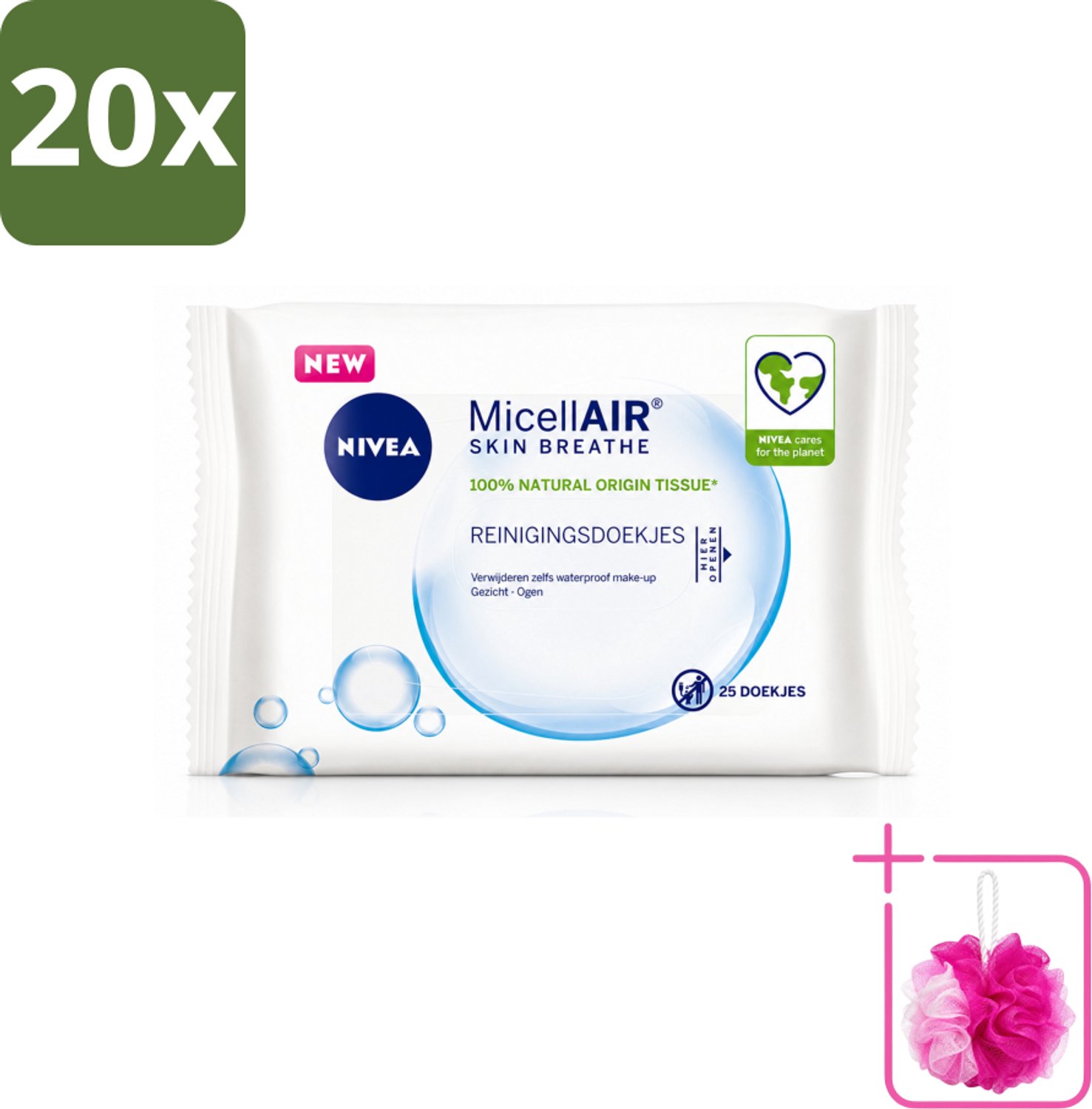20 x NIVEA - Reinigingsdoekjes - 3-in-1 Micellaire Doekjes - Verwijdert Waterbestendige Make-up - 25 Doekjes - Bulkverpakking - Reinigingsdoekjes - Douchemop - Huidverzorging