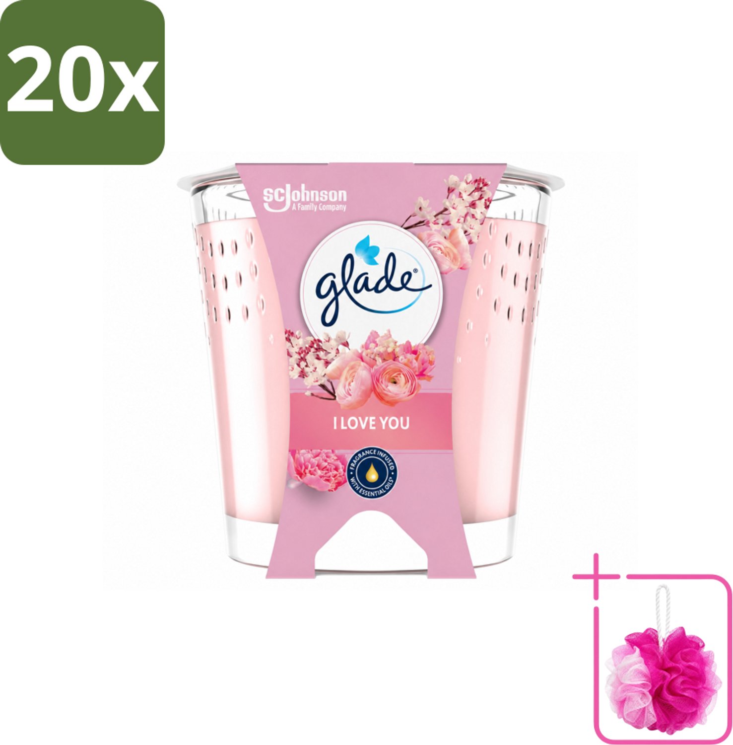 20 x Glade - Geurkaars I Love You - 100% Raapzaadwas & Vegan - 112 g - Bulkverpakking - Geurkaars - Douchemop - Vegan
