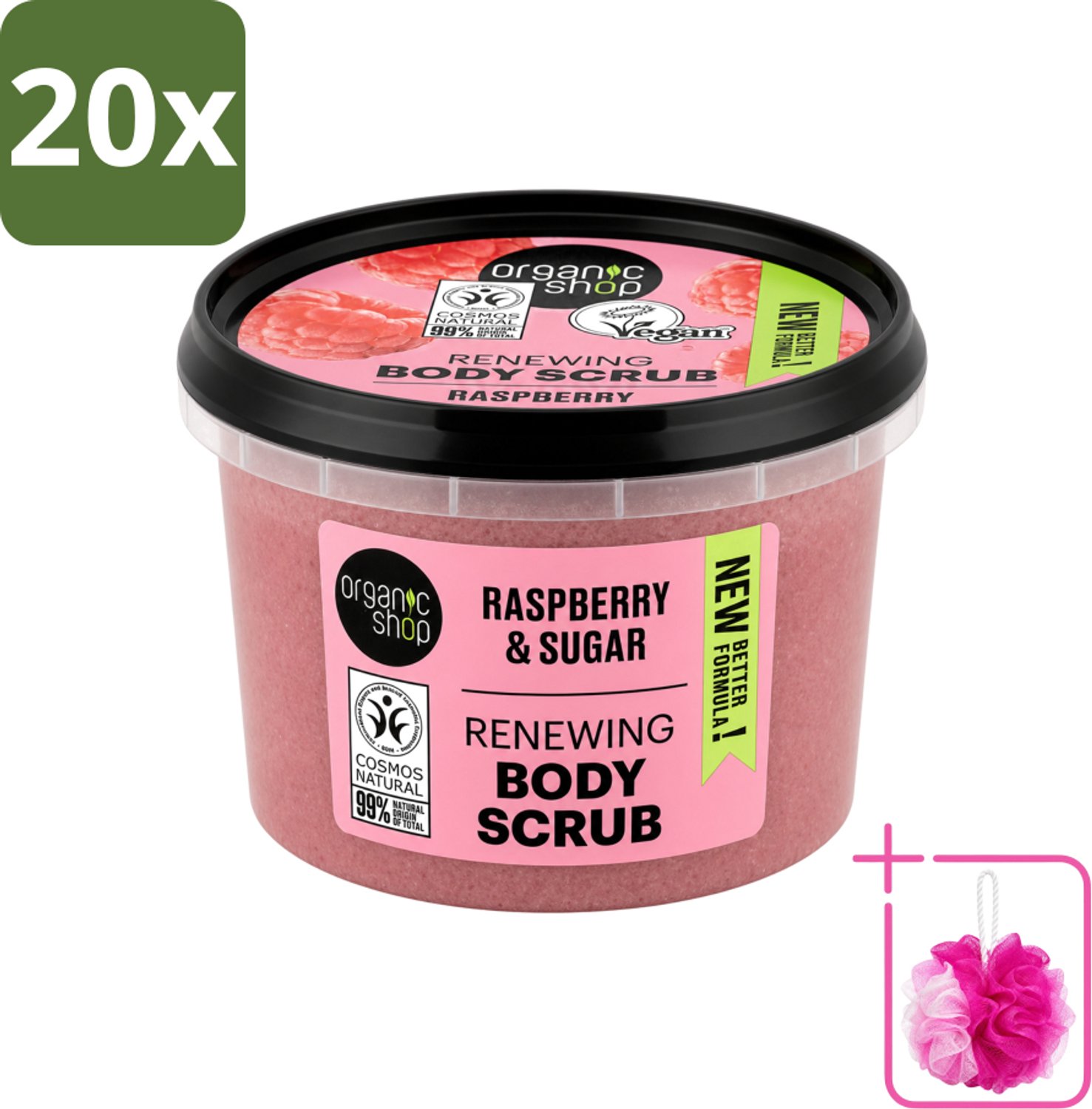 20 x Organic Shop - Organic Raspberry & Sugar Body Scrub - Verfrissend en Peeling - 250 ml - Bulkverpakking - Biologische bodyscrub - Douchemop - Framboos scrub