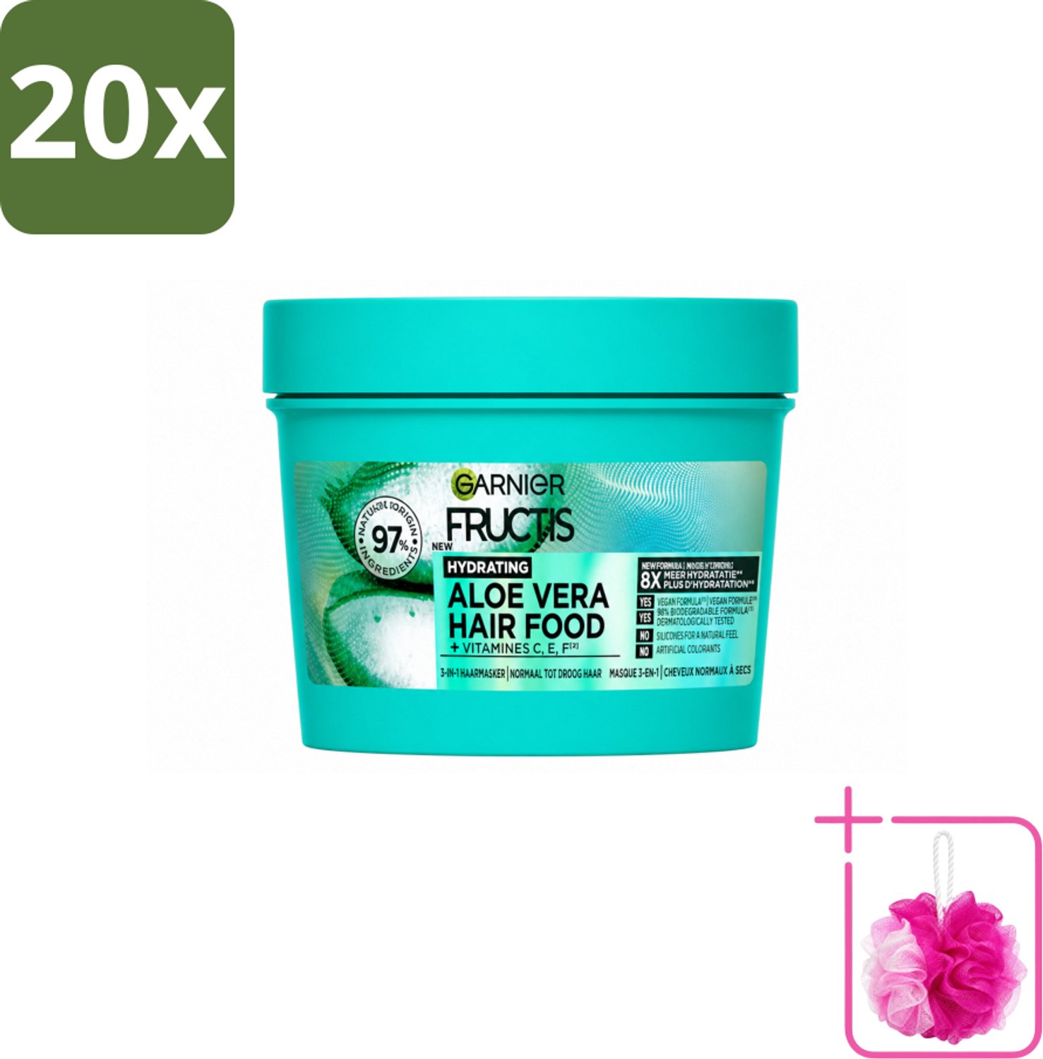 20 x Garnier - Fructis Hair Food Aloe Vera - 3-in-1 Haarmasker - Normaal tot Droog Haar - 400 ml - Bulkverpakking - Haarmasker - Douchemop - Hydratatie