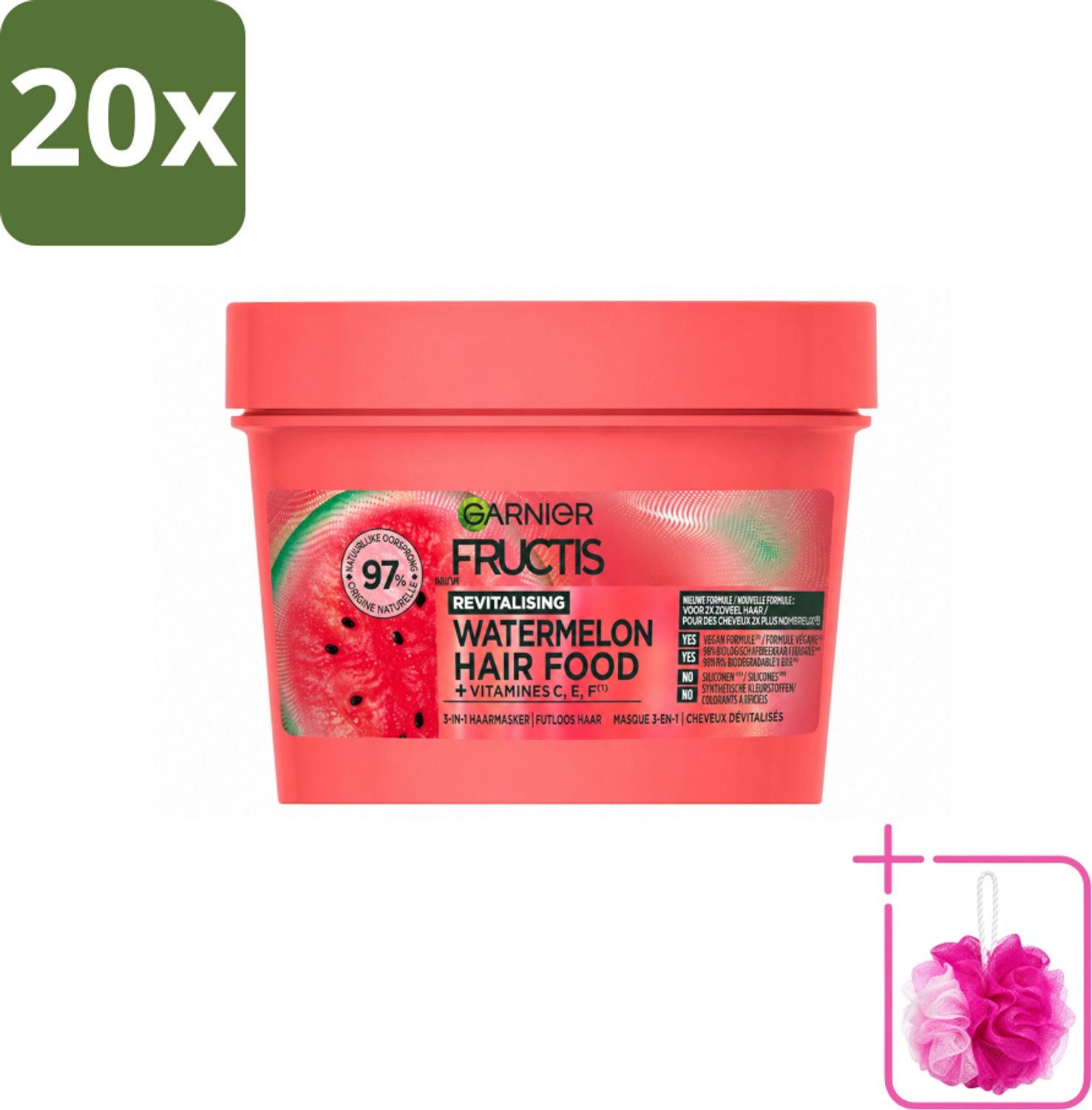 20 x Garnier - Fructis Hair Food Watermelon - 3-in-1 Haarmasker - Futloos Haar - 400 ml - Bulkverpakking - Haarmasker - Douchemop - Watermeloen