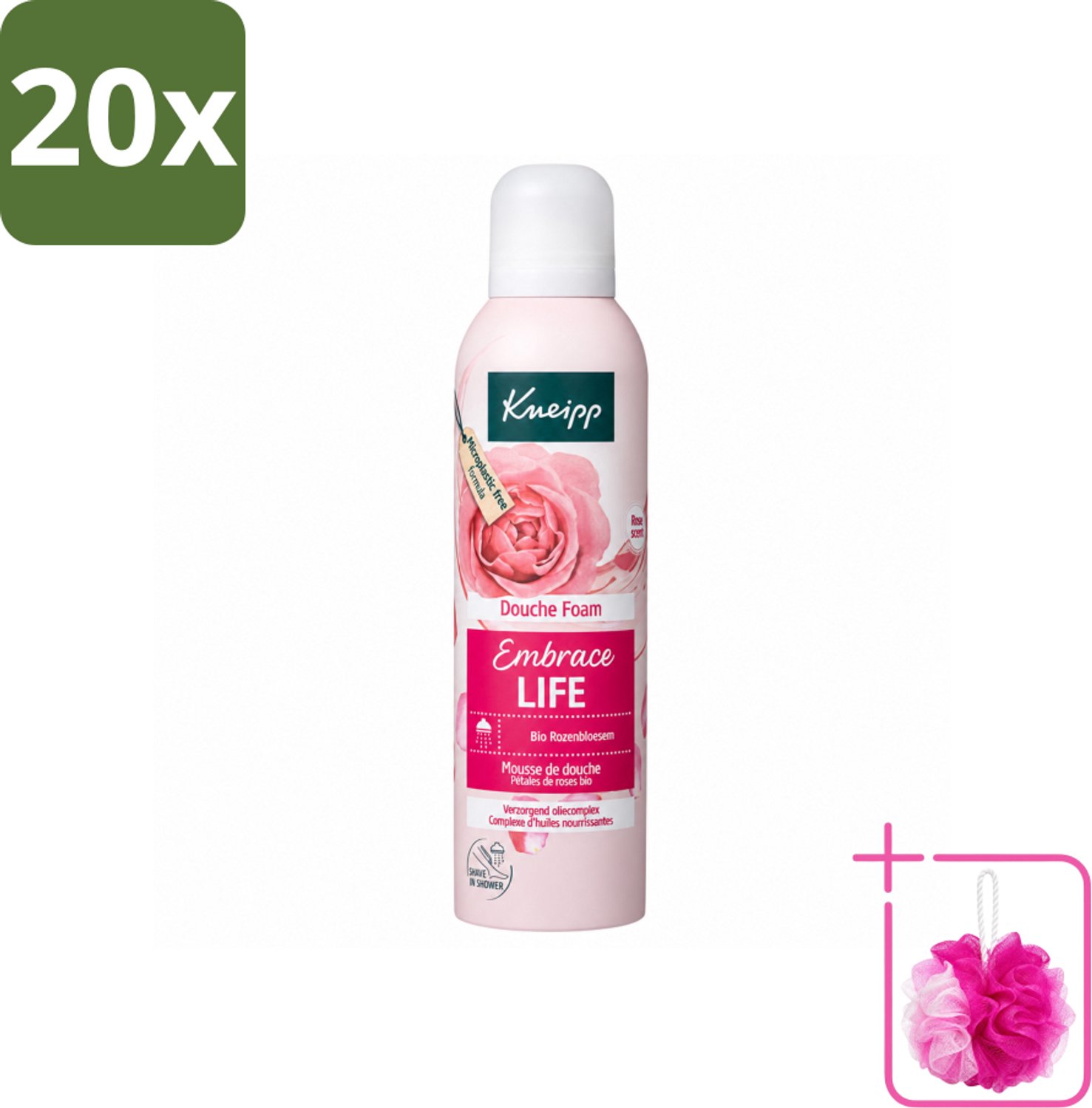 20 x Kneipp - Douche schuim - Embrace Life - Anti‑Aging verzorging - 200 ml - Bulkverpakking - Douche foam - Douchemop - Roze schuim