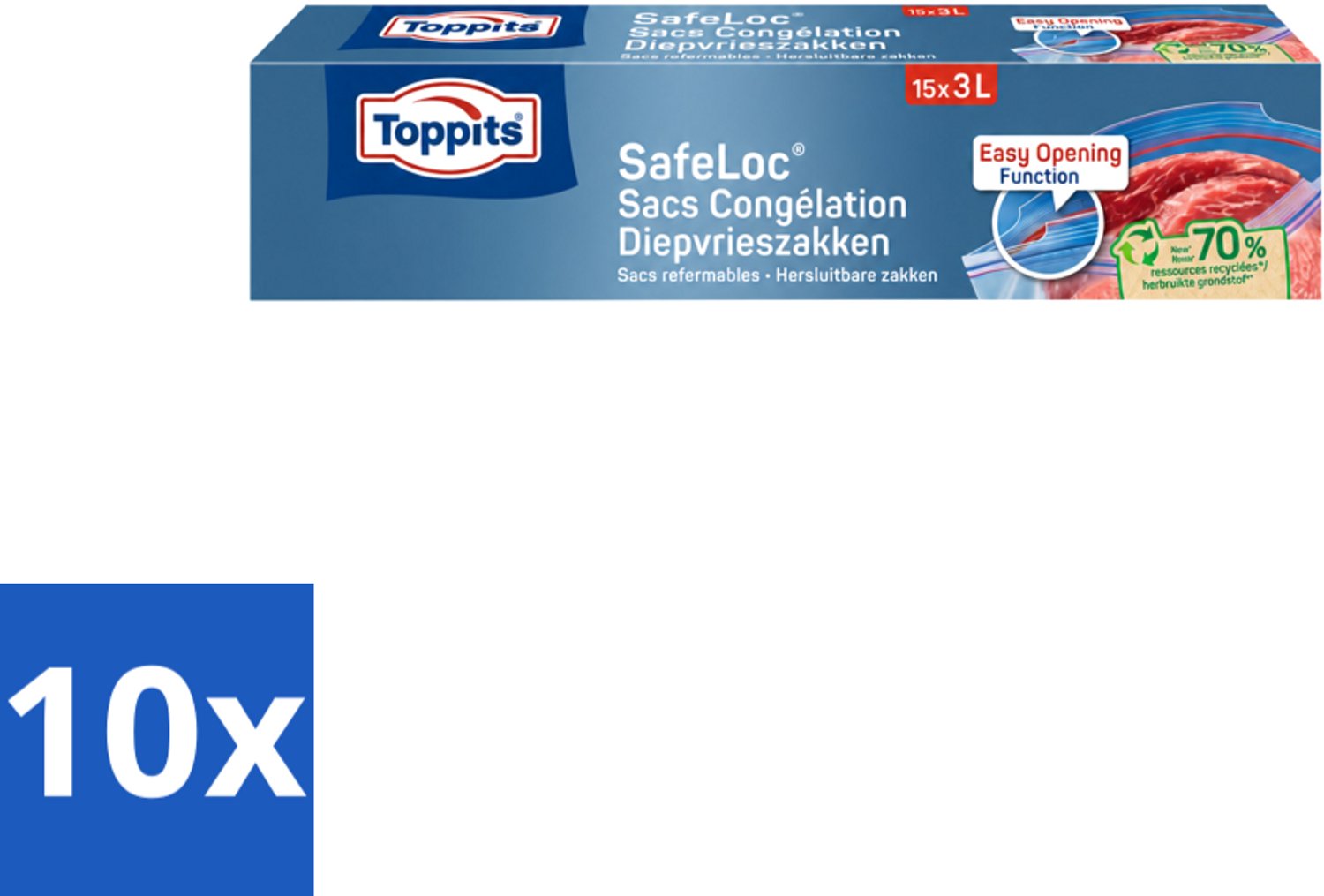 10 x Toppits – Safeloc Zip-Diepvrieszakken – 3 Liter – 15 Zakjes - Voordeelverpakking - 10 stuks