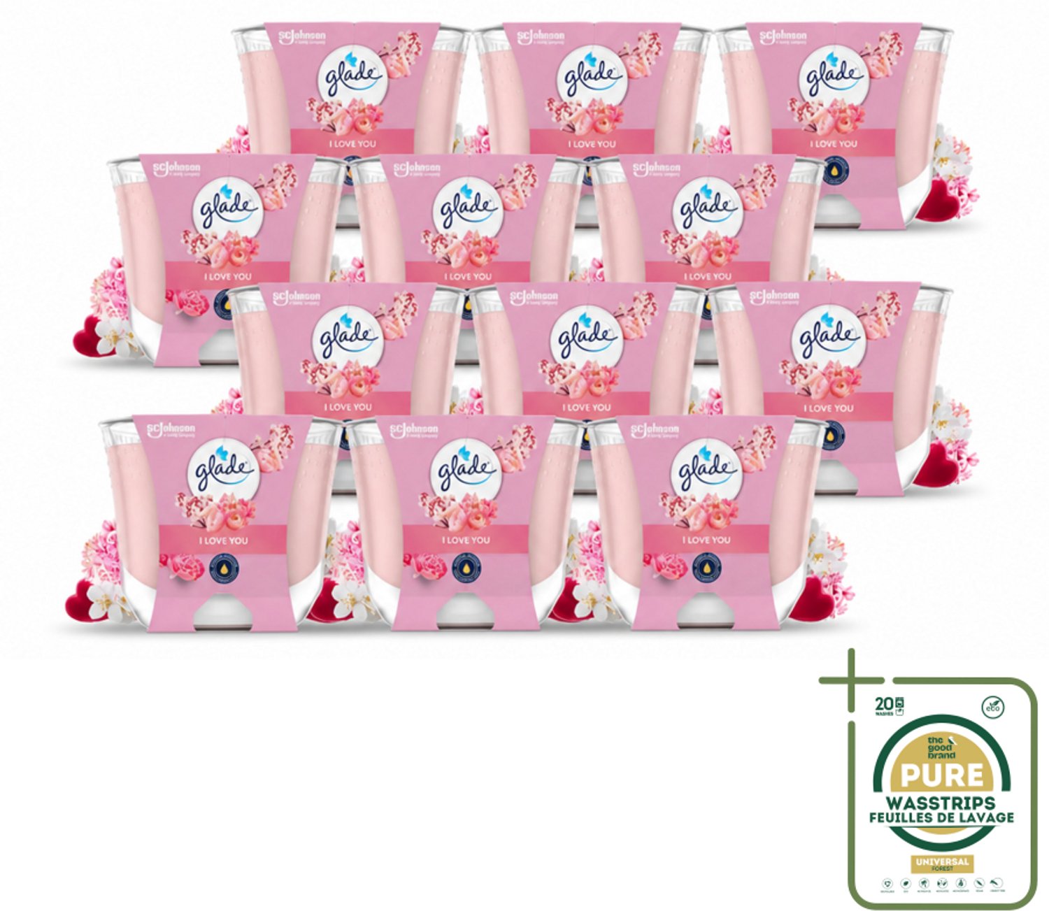 12 x Glade - Geurkaars I Love You - 100% Raapzaadwas - 204 g - Wasstrips - Geurkaars I Love You - Geurkaars - Geur - Bloemige Geur - Liefde