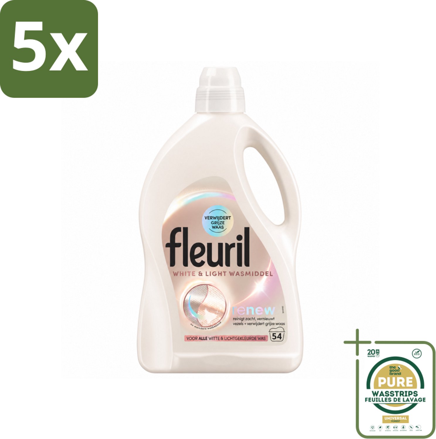 5 x Fleuril - Wasmiddel - White & Light Vloeibaar Wasmiddel - Witte & Lichte Was - 54 wasbeurten - Wasstrips - Wit Wasmiddel - Lichte Was - Fleuril White & Light - Wasmiddel Voor Witte Kleding - Wasmiddel Voor Lichte Kleding