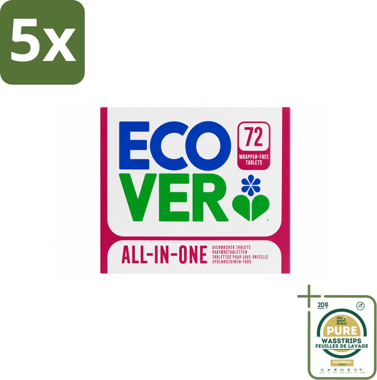 5 x Ecover - Vaatwastabletten All-in-One - Lemon & Mandarin - 72 Tabs - Wasstrips - Vaatwasmiddel - Vaatwastablet - Citroen En Mandarijn - Duurzaam Schoonmaken - Plantaardig Reinigen
