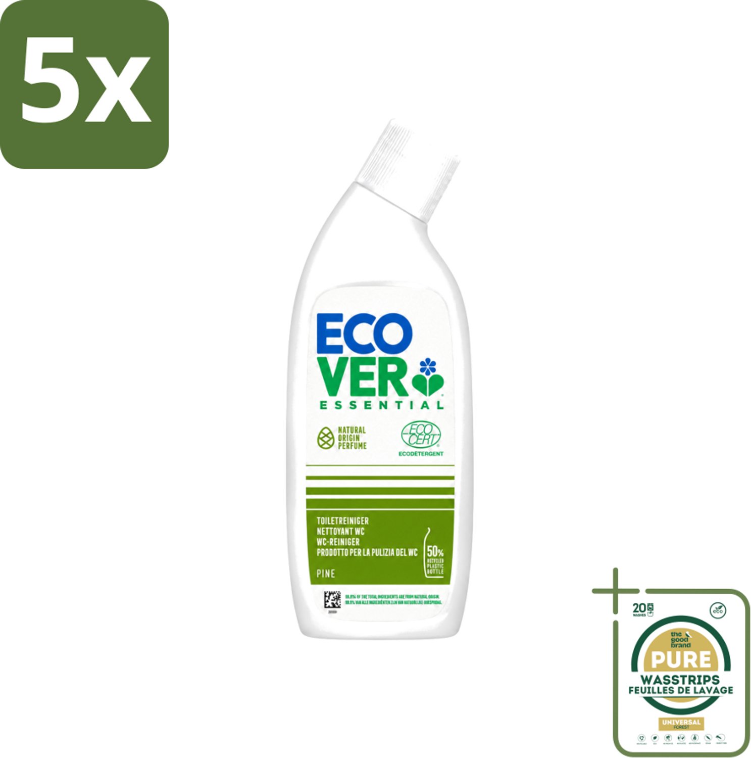 5 x Ecover - Toiletreiniger Essential - Dennenfris - 750 ml - Wasstrips - Toiletreiniger - Ontkalken - Reinigen - Dennenfris - Natuurlijke Reiniger