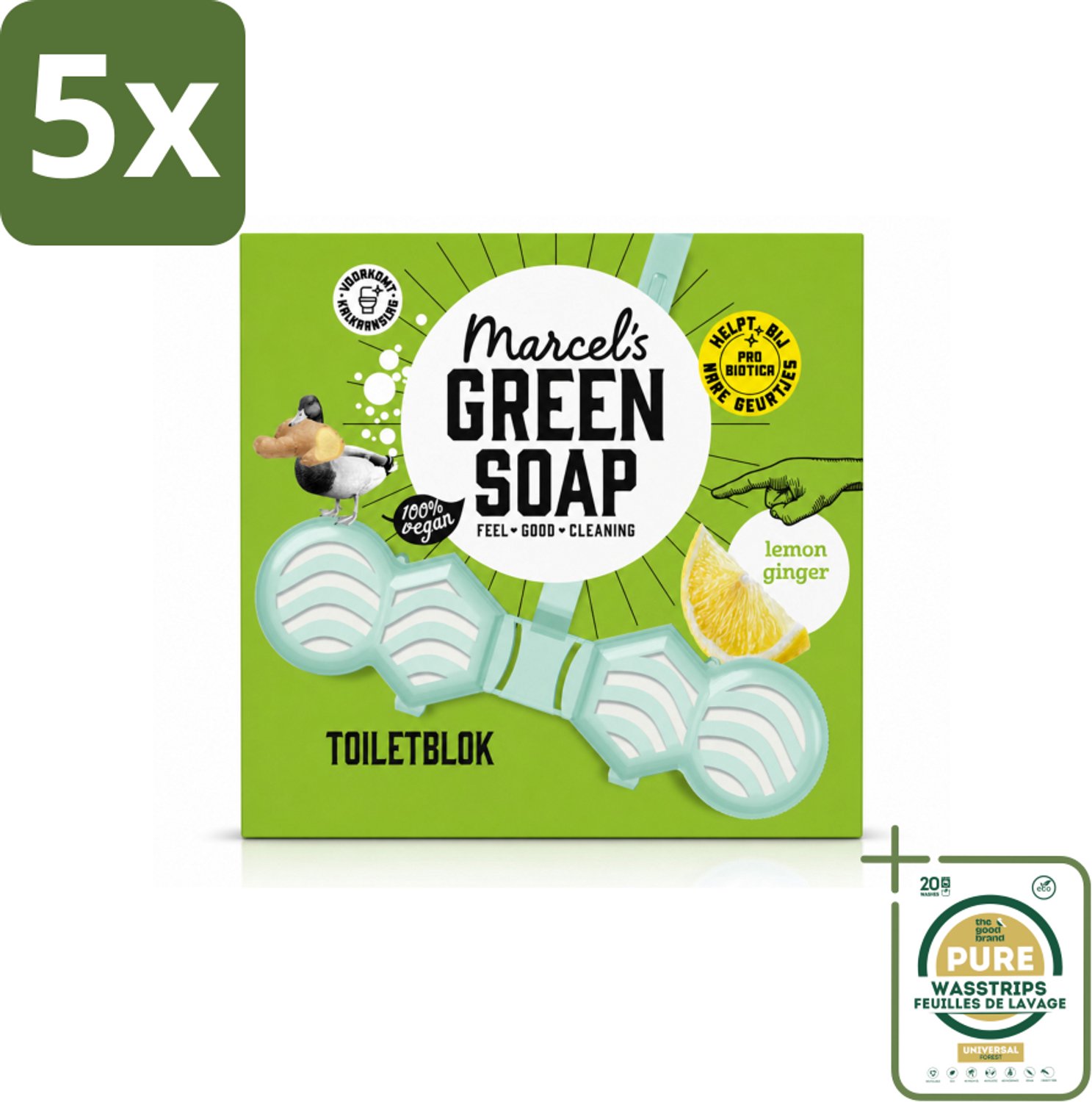 5 x Marcel's Green Soap - Toiletblok - Citroen & Gember - Langdurige werking - 1 Toiletblok - Wasstrips - Toiletreiniger - Anti-kalk - Toiletbezoek - Fris Toilet - Citroen En Gember