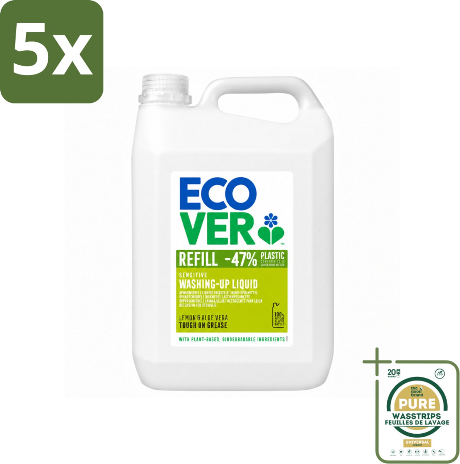 5 x Ecover - Afwasmiddel - Citroen & Aloë Vera - 5 liter - Wasstrips - Ecover Afwasmiddel - Plantaardig Afwasmiddel - Afwasmiddel Citroen Aloë Vera - Duurzame Afwas - Afwas Zonder Plastic