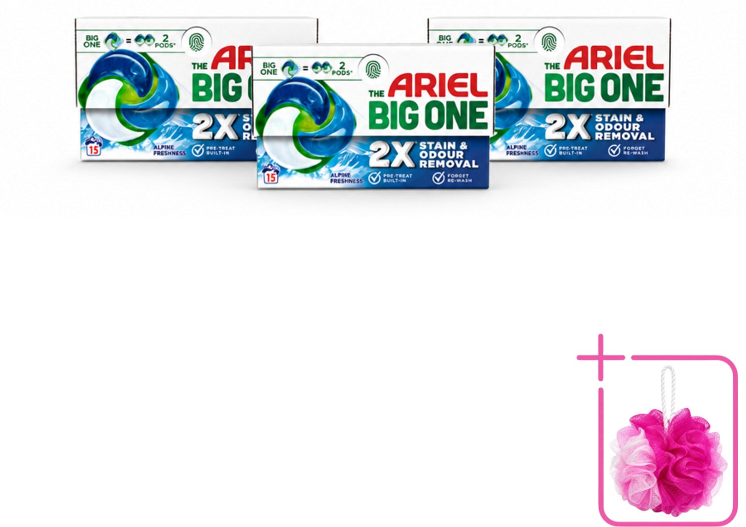 3 x Ariel - 3in1 Wasmiddel Pods - The Big One - Alpine - 15 Pods - Bulkverpakking - Wasmiddel - Douchemop - Wasmiddelpod