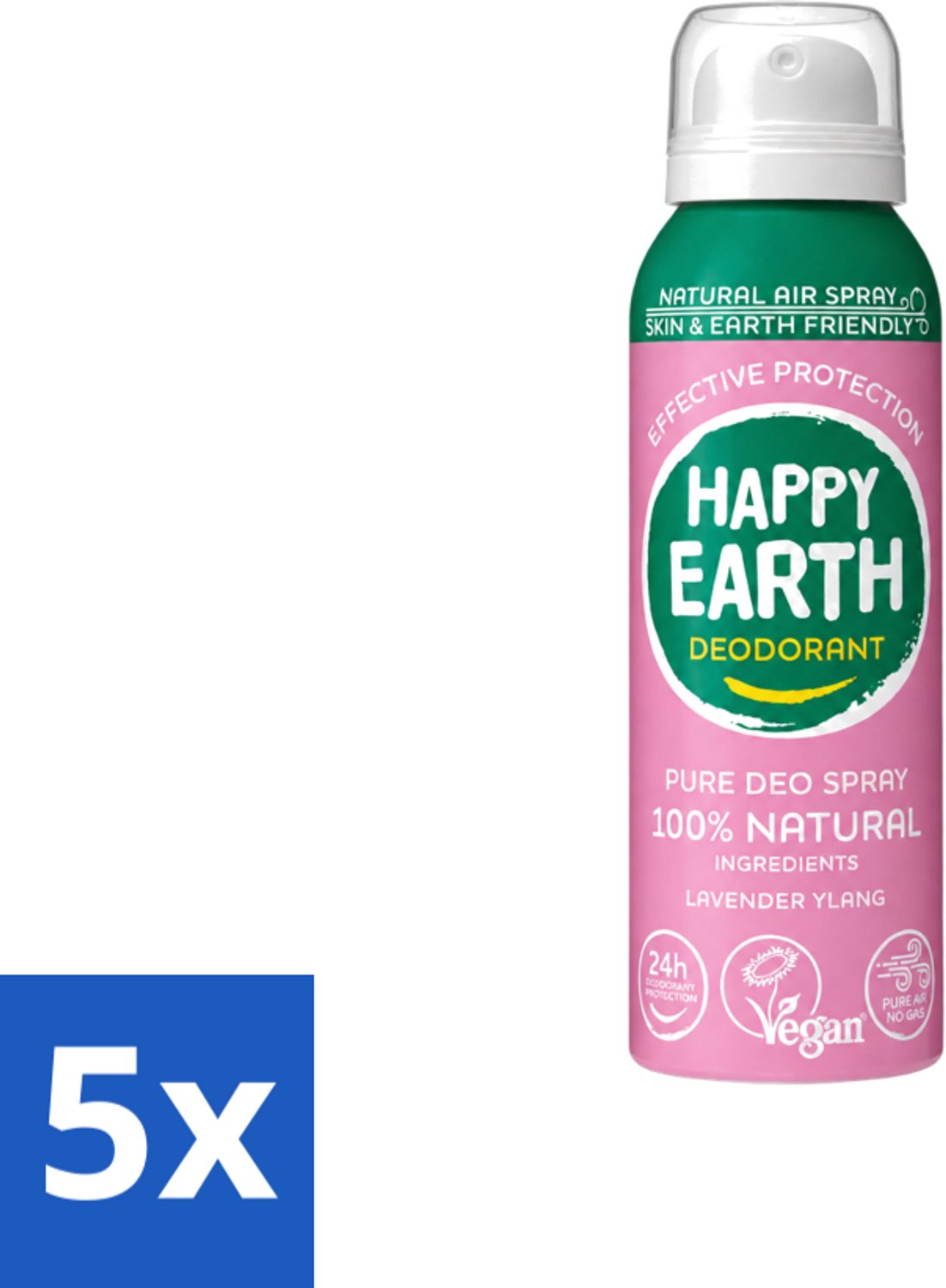 5 x Happy Earth – Deodorant Spray – 100% Natuurlijk Lavender Ylang – 100 ml - Voordeelverpakking - 5 stuks