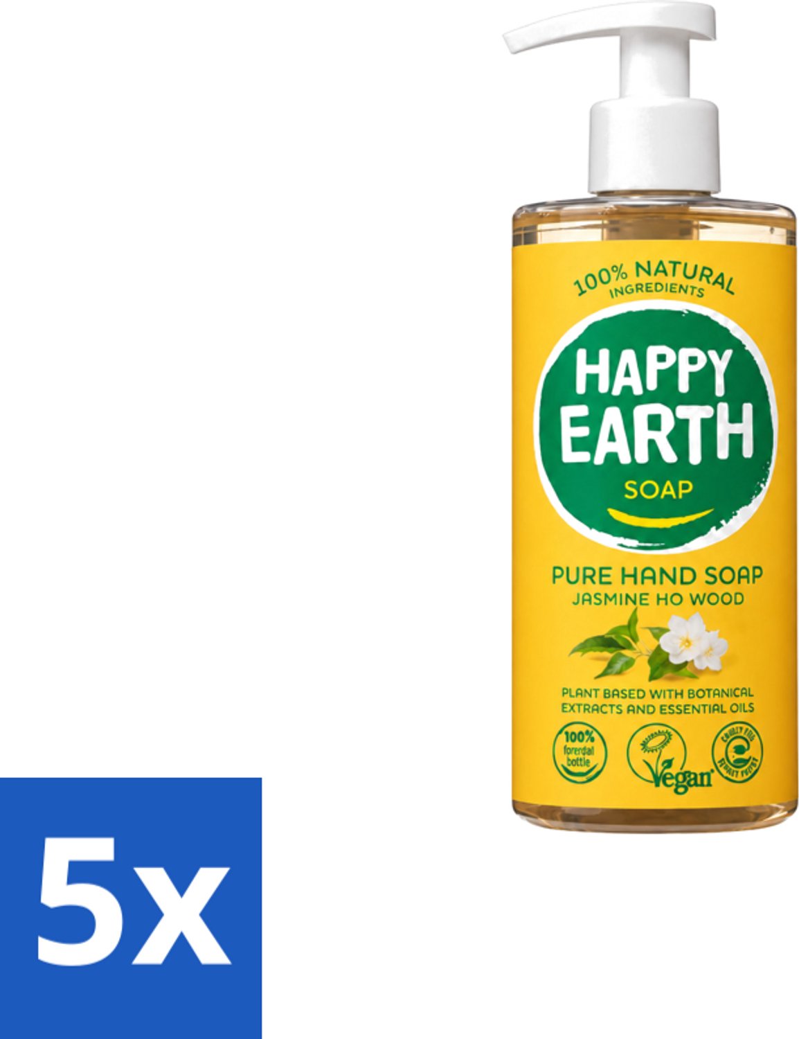 5 x Happy Earth – Handzeep – 100% Natuurlijk Jasmine Ho Wood – 300 ml - Voordeelverpakking - 5 stuks