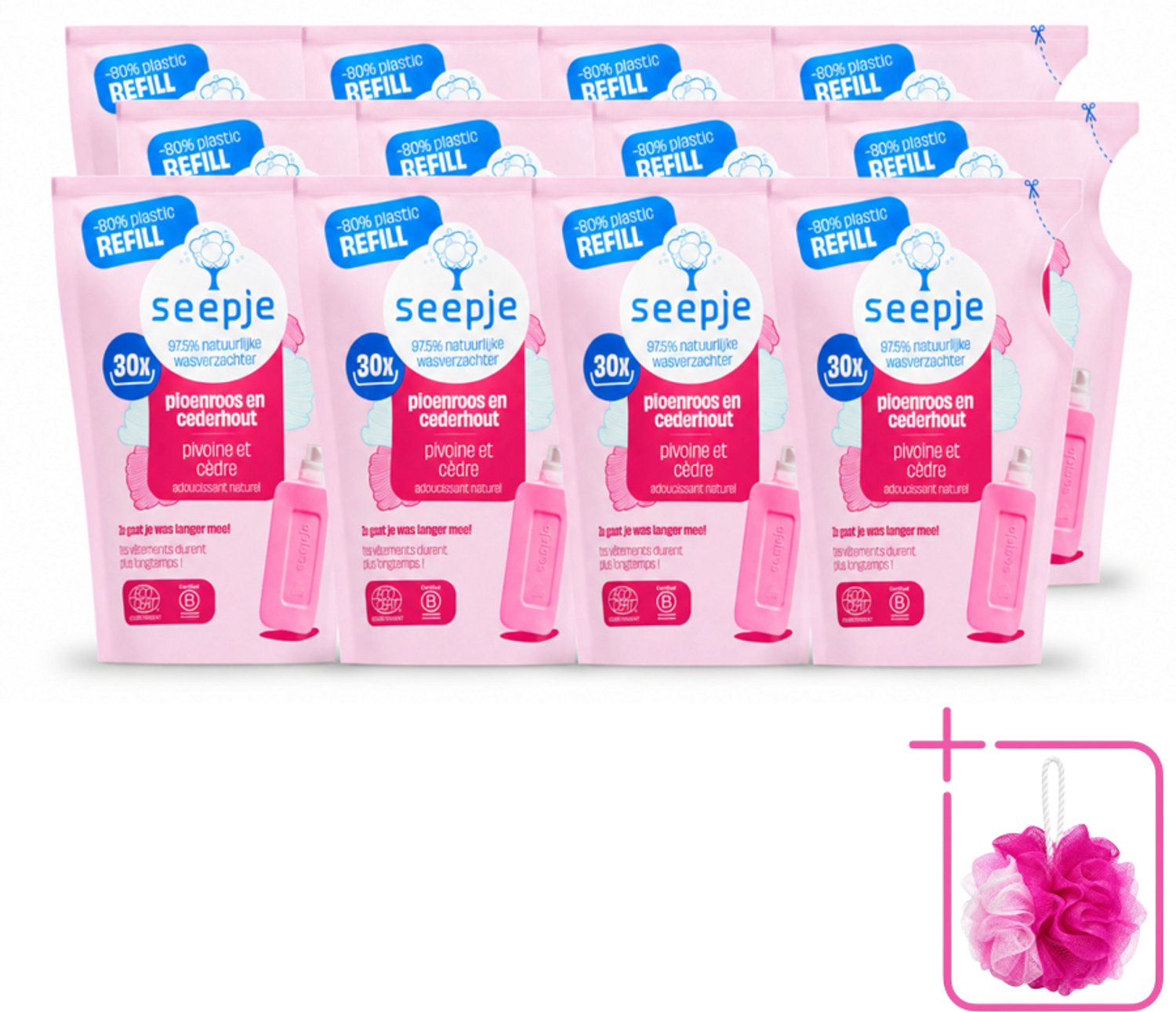 12 x Seepje - Wasverzachter - Duurzaam & Frisse Geur - Navulling - Pioenroos en Cederhout - 30 Wasbeurten - 750 ml - Bulkverpakking - Wasverzachter - Douchemop - Natuurlijke wasverzachter