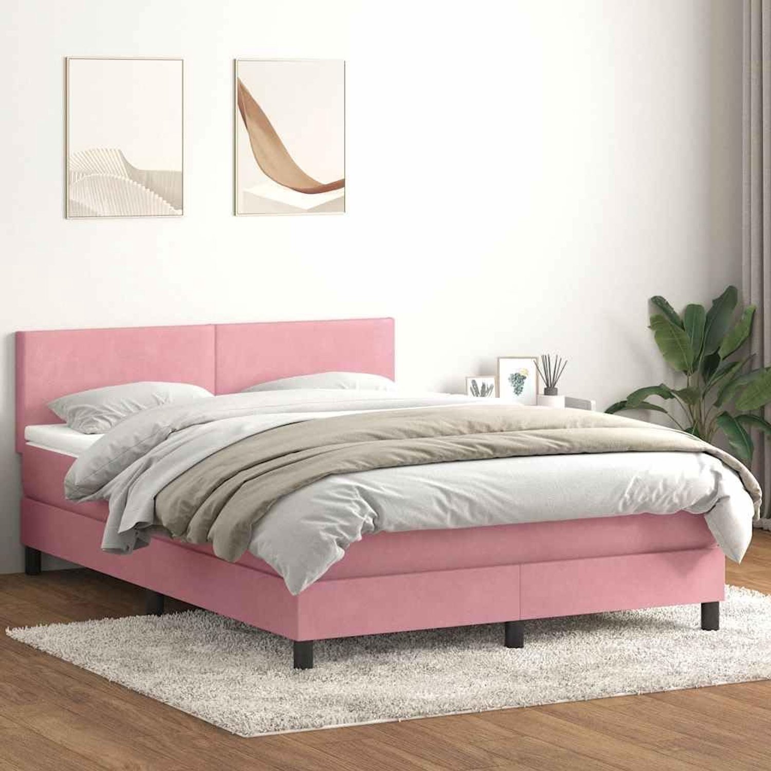 Boxspringbed met matras, roze, 140 x 210 cm, fluweel, in hoogte verstelbaar hoofdeinde, pocketvering voor optimale grip, comfortabele matrasoplegger, ademende lattenbodem