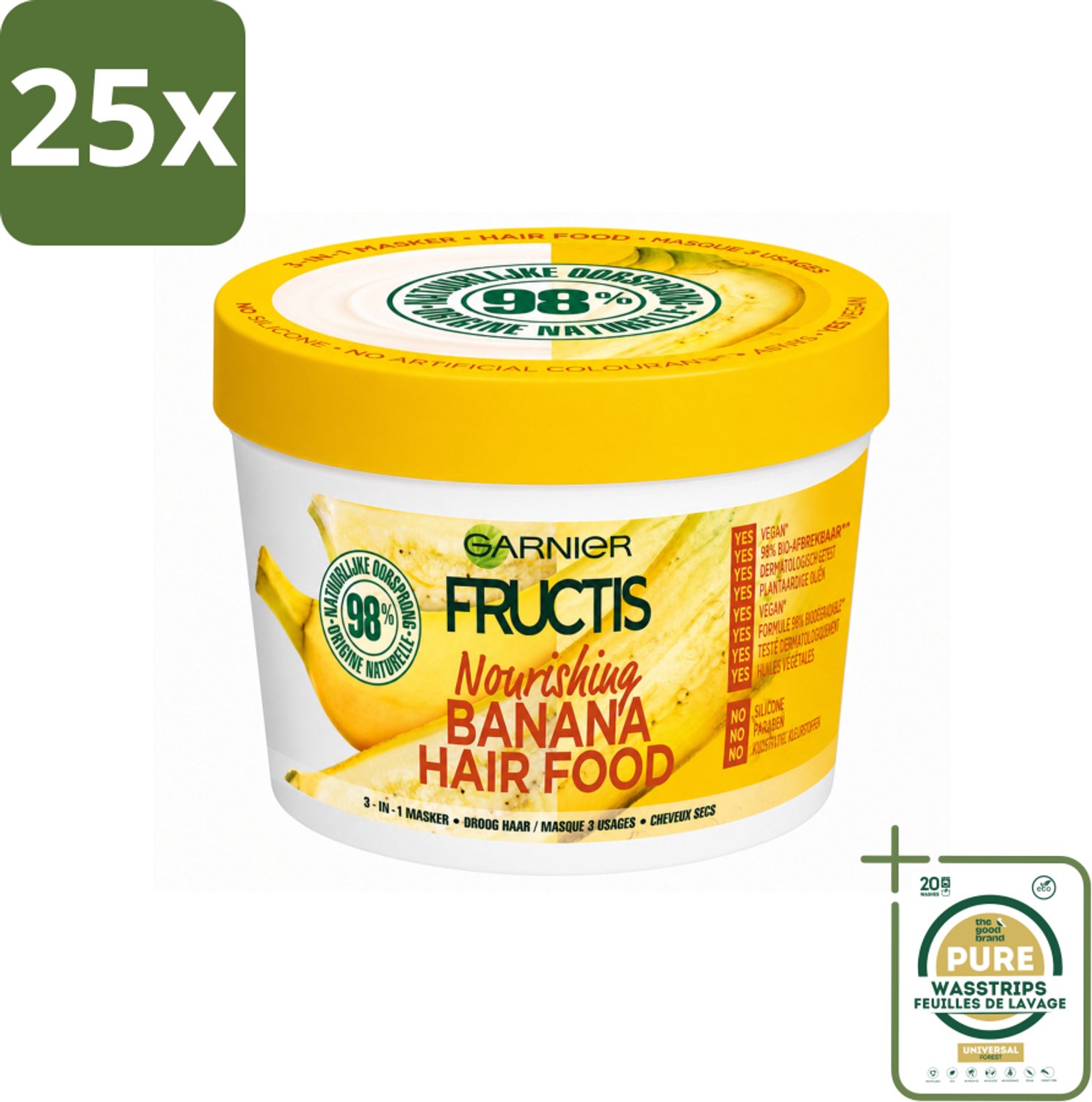 25 x Garnier - Fructis Hair Food Banana - 3-in-1 Haarmasker - Voedend - Droog Haar - 400 ml - Wasstrips - Haarmasker - Kokosmelk - Macadamia - Droog Haar - Haarvoeding