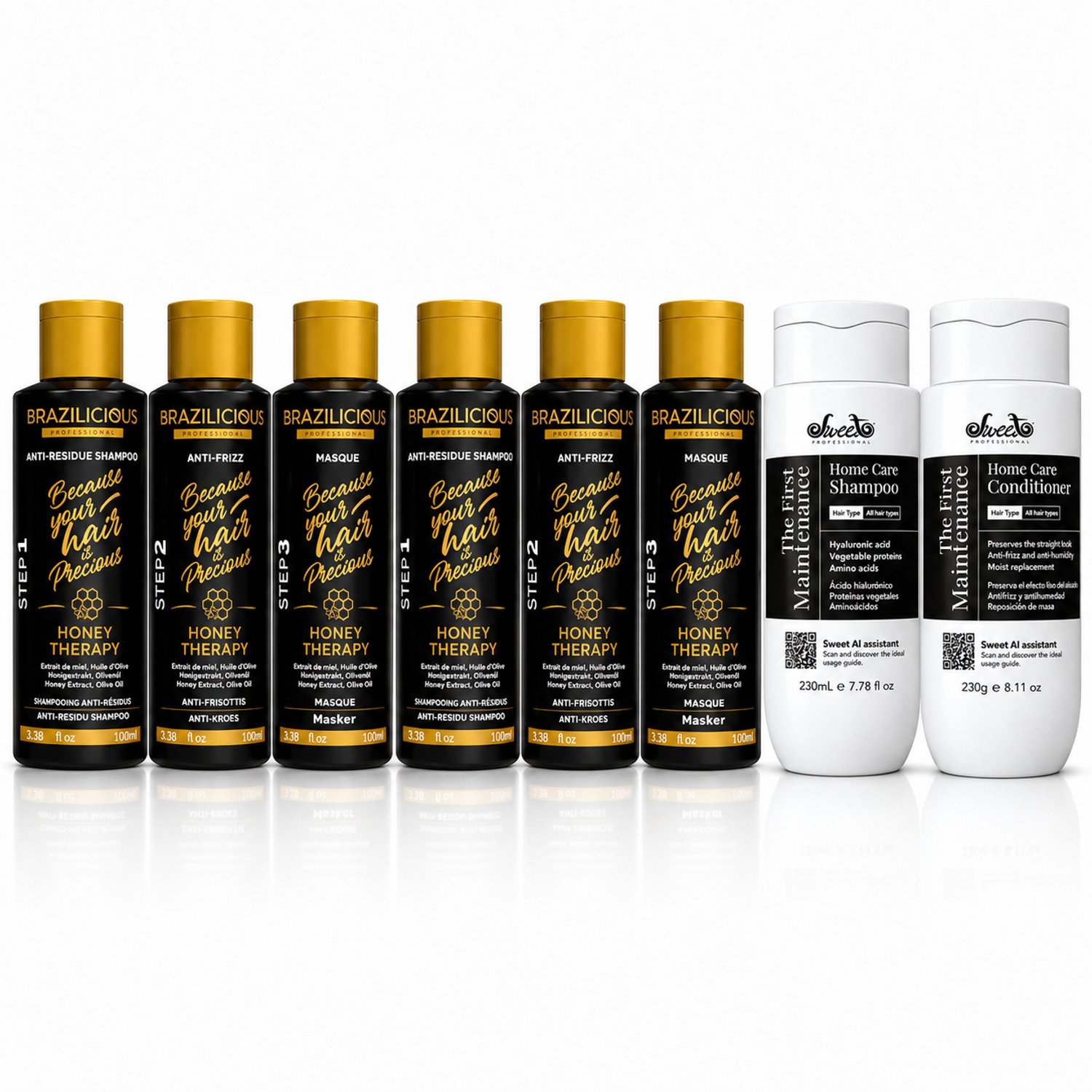 Brazilicious Honey Therapy Professional 2x 3-Step Keratin Treatment Set + Sweet Professional The First Maintenance Home Care Shampoo & Conditioner – Complete Salonbehandeling & Luxe Naverzorging voor Glad, Glanzend en Verzorgd Haar