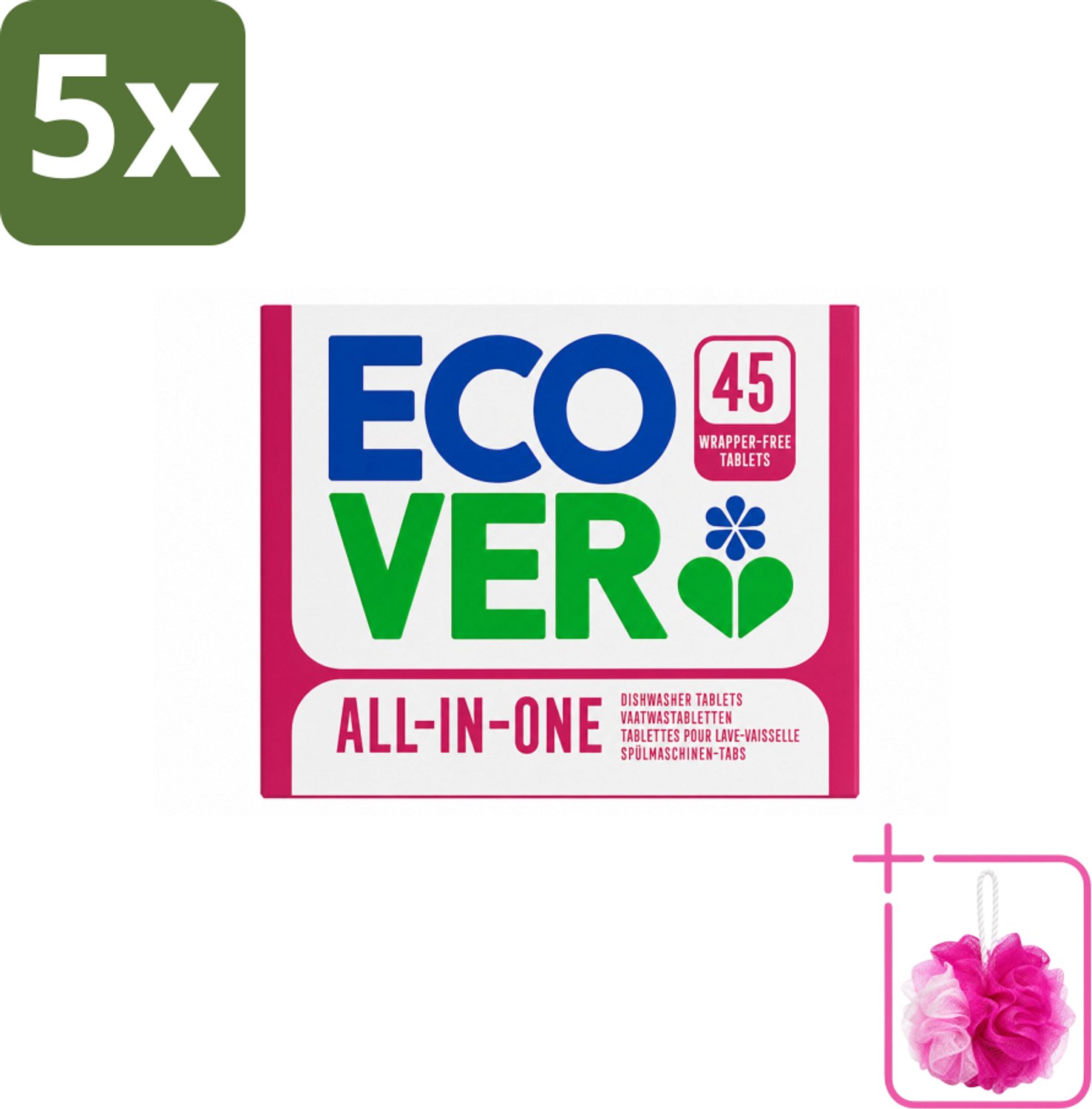 5 x Ecover - Vaatwastabletten All-in-One - Lemon & Mandarin - 45 Tabs - Bulkverpakking - Vaatwasmiddel - Douchemop - Vaatwastablet