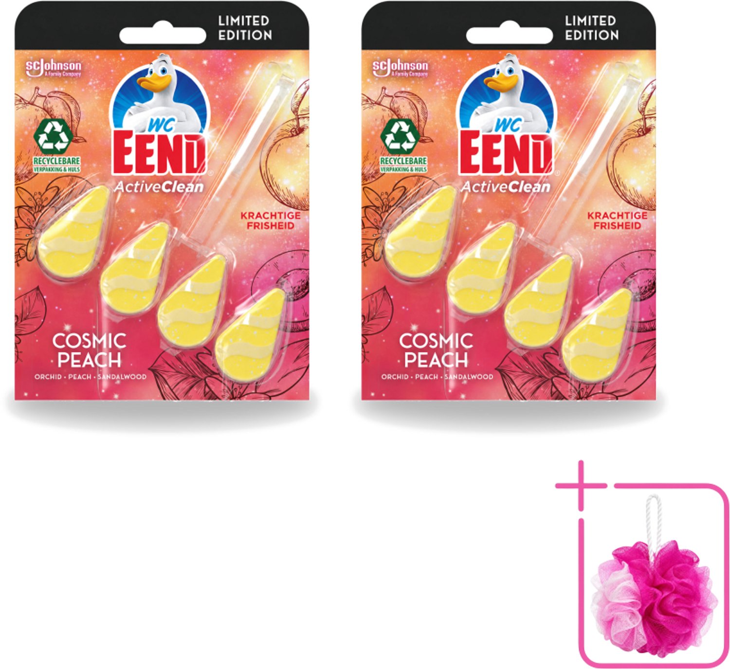 2 x WC Eend - Active Clean Cosmic Peach - Toiletblok - Fruitige Perzikgeur - 38 gr - Bulkverpakking - Toilet reinigen - Douchemop - Toilet blok