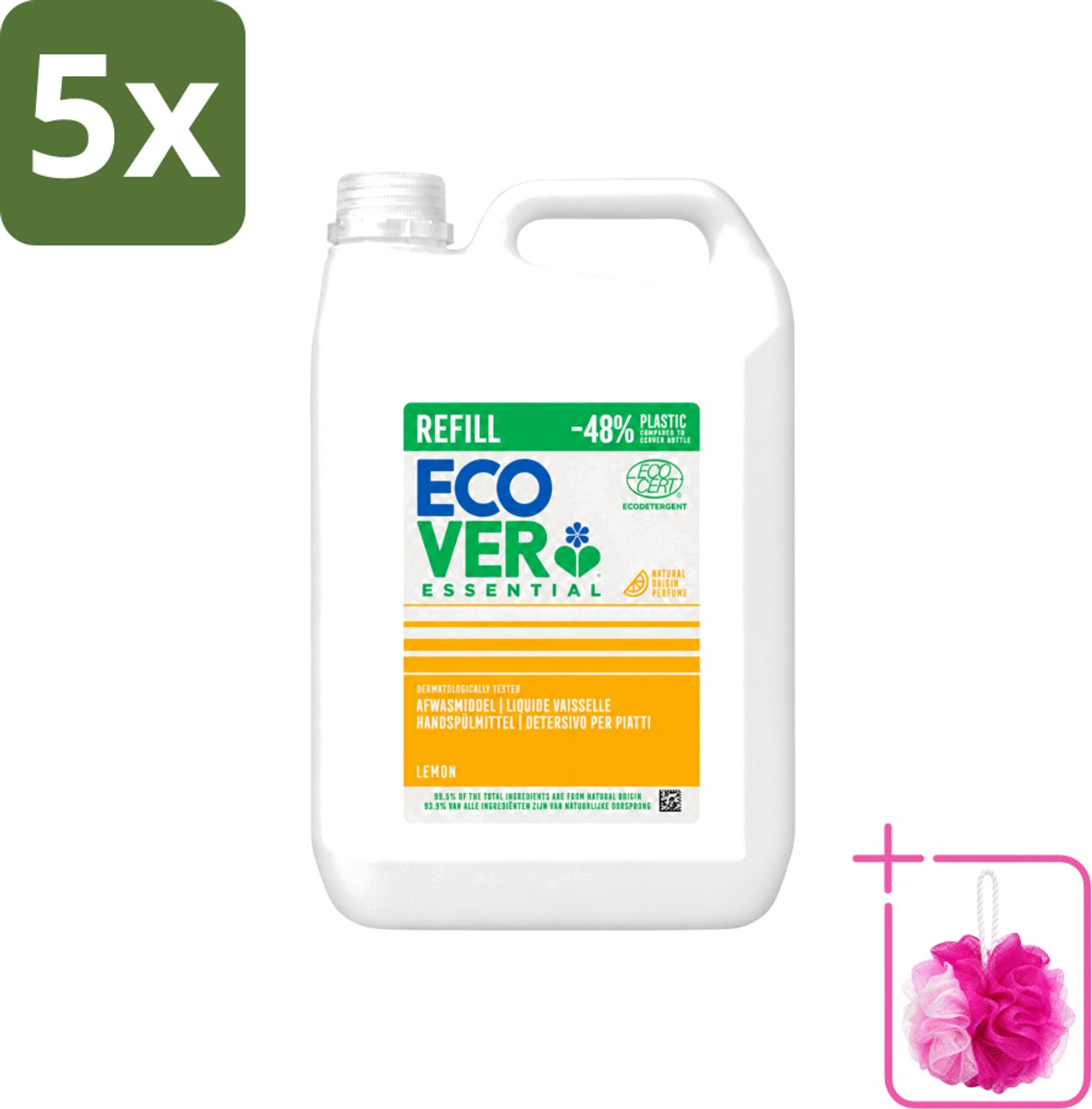 5 x Ecover - Afwasmiddel - Essential Citroen - 5 liter - Bulkverpakking - Afwasmiddel citroen - Douchemop - Natuurlijk afwasmiddel