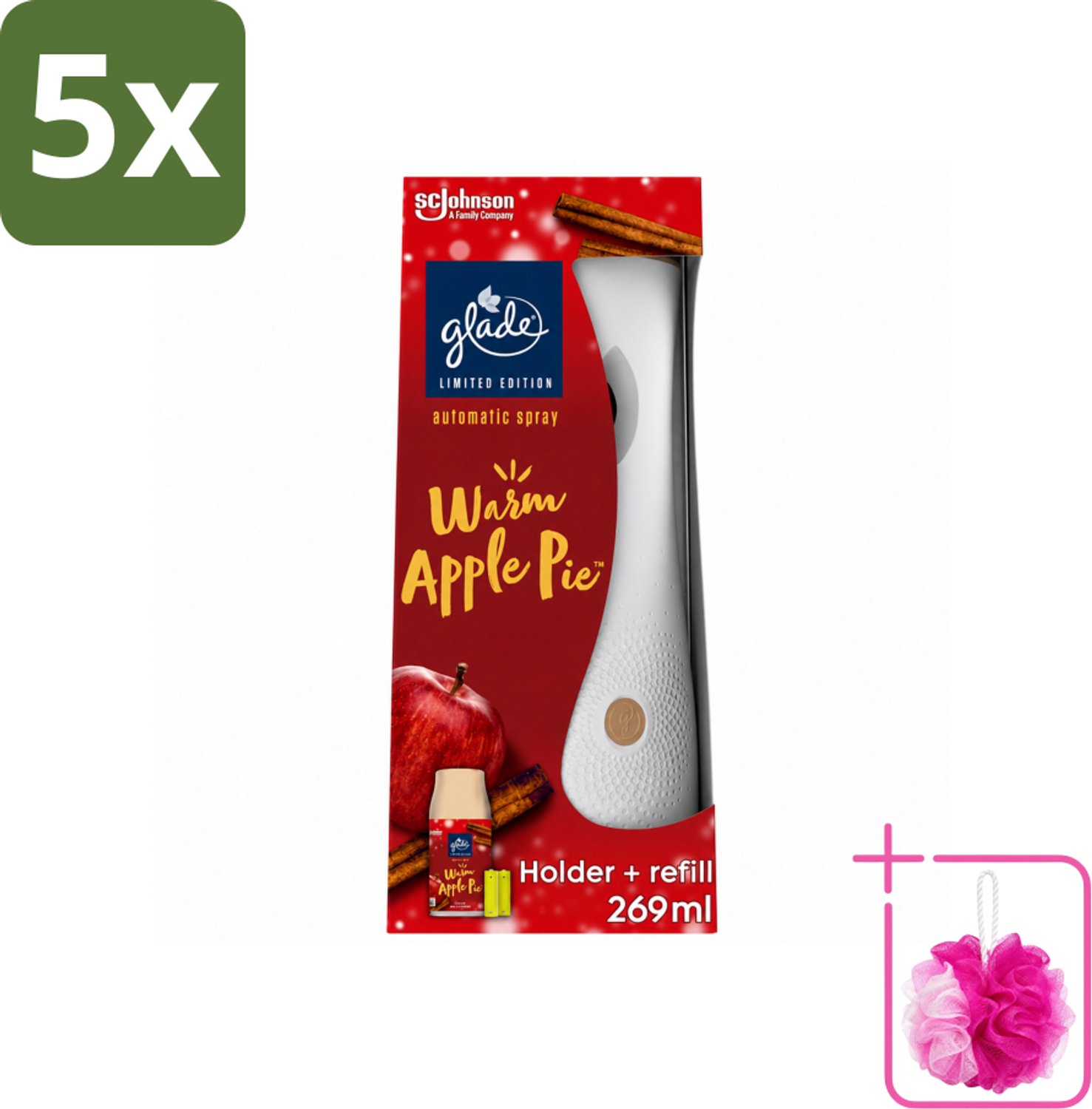 5 x Glade - Houder Automatische Spray - Warme Appeltaart Limited Edition - 269 ml - Bulkverpakking - Warm apple pie geur - Douchemop - Automatische geur