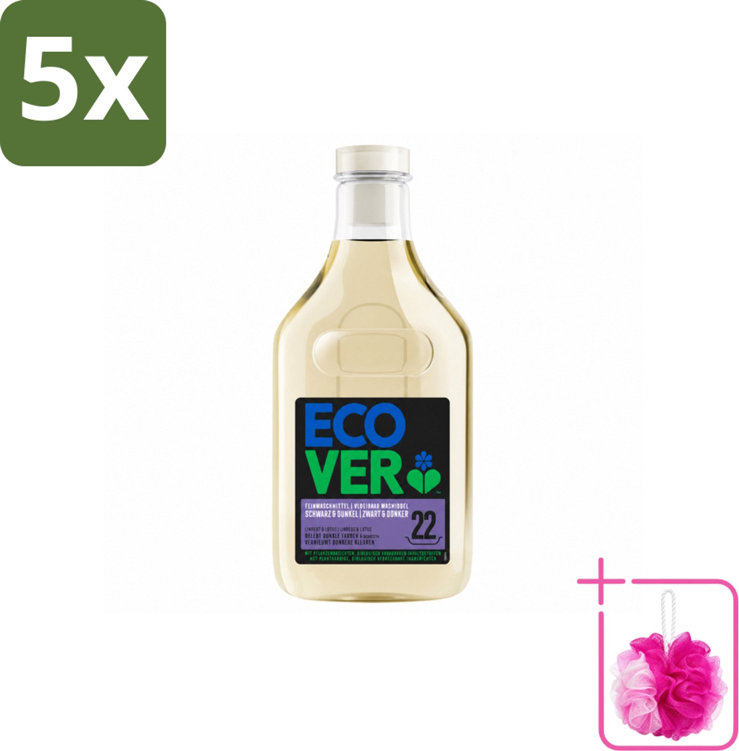 5 x Ecover - Vloeibaar wasmiddel - Zwart & Donker - 1 liter - 22 wasbeurten - Bulkverpakking - Donker wasmiddel - Douchemop - Kleurbehoud
