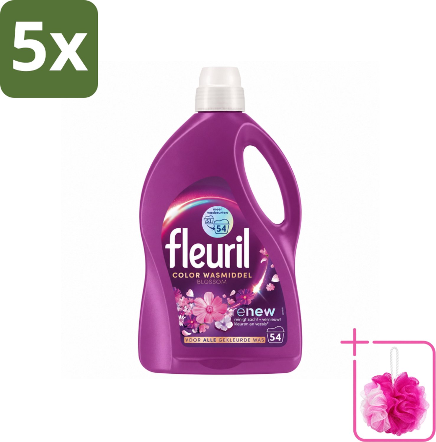 5 x Fleuril - Wasmiddel - Color Blossom Vloeibaar Wasmiddel - Kleurbehoud & Bloemige Geur - 54 wasbeurten - Bulkverpakking - Kleurbehoud - Douchemop - Wasmiddel voor gekleurde kleding