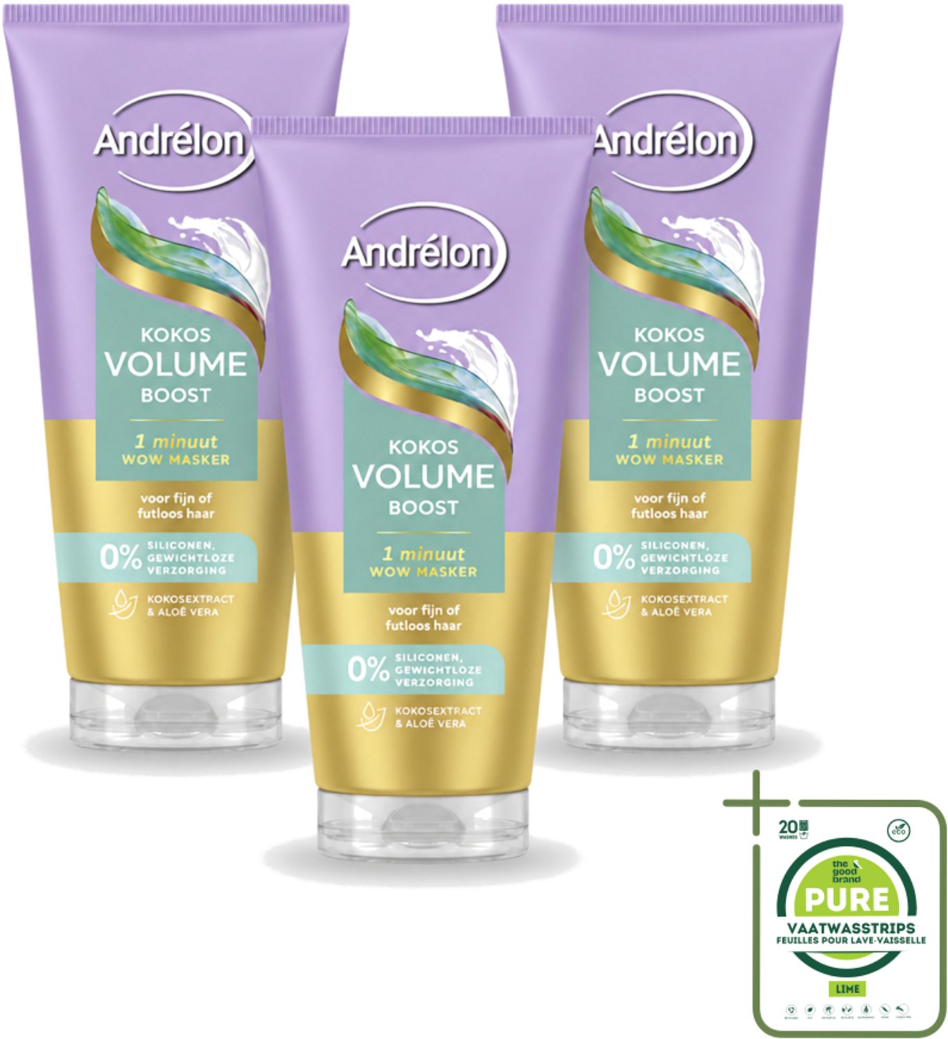 3 x Andrélon – Haarmasker WOW – Kokos Volume Boost – 180 ml - Grootverpakking - Vaatwasstrips - Volume Boost Haar - Fijn Haar Verzorging - Luchtig Haar - Haarmasker 1 Minuut - Kokos Volume