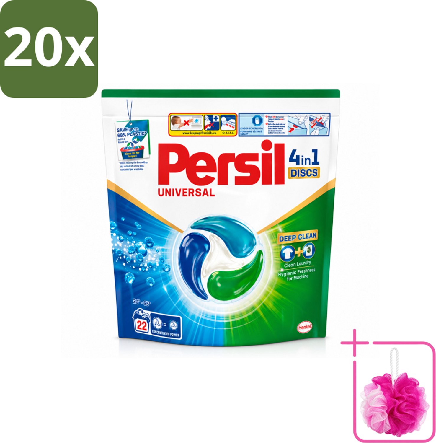 20 x Persil - Wasmiddel - Wasmiddelcapsules Discs Universal - Voor Witte Was - 22 wasbeurten - Bulkverpakking - Persil 4in1 Discs - Douchemop - Witte was