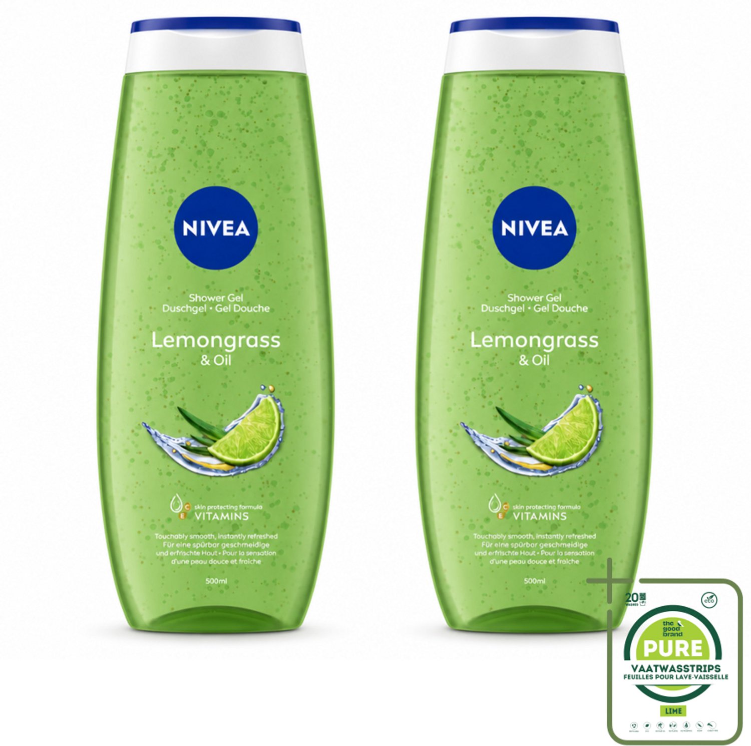 2 x NIVEA - Douchegel - Citroengras & Olieverzorging - Glad & Verfrissend Huidgevoel - 500 ml - Grootverpakking - Vaatwasstrips - Douchegel - Natuurlijke Oliën - Citroengras - Huid Verzorging - Frisse Geur