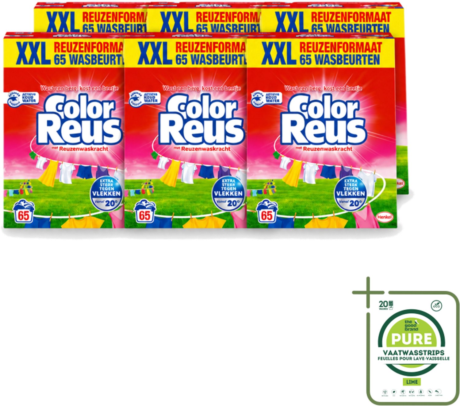 6 x Color Reus - Waspoeder - Gekleurde Was - 65 Wasbeurten - Grootverpakking - Vaatwasstrips - Kleurbehoud - Waspoeder - Vlekverwijdering - Frisheid - Energiebesparing