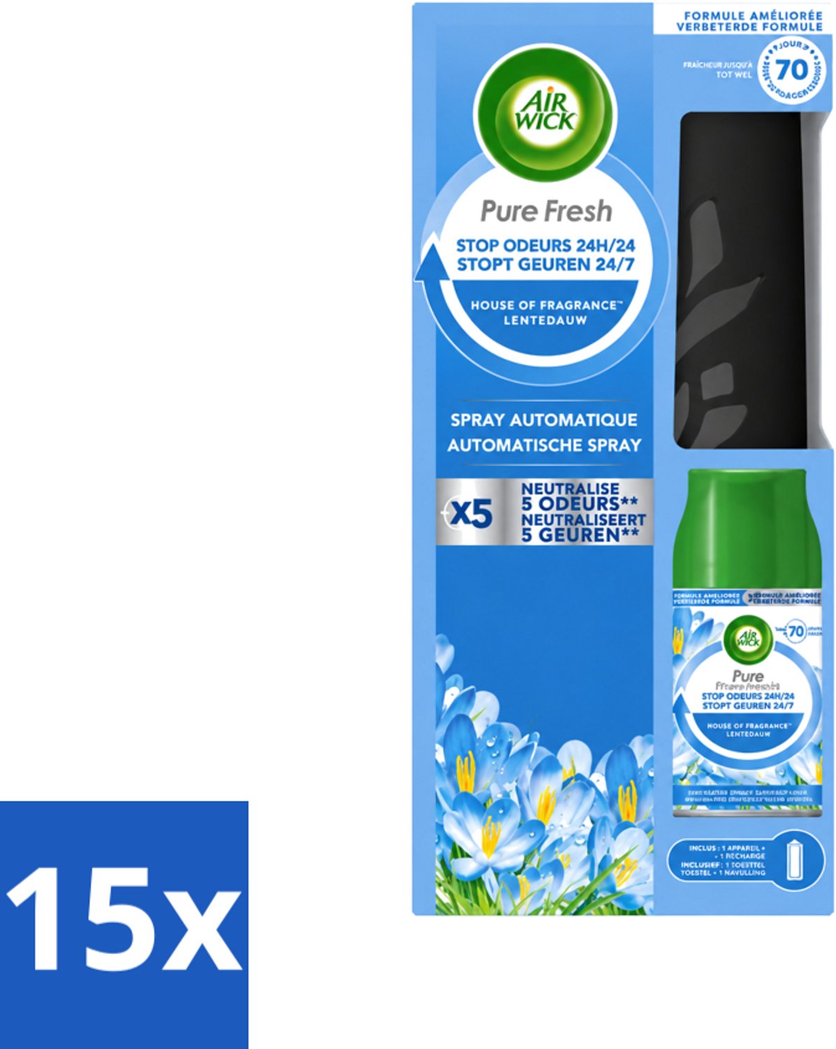 15 x Air Wick - Freshmatic Spray - Starterkit - Pure Fresh Lentedauw - 250 ml - Voordeelverpakking - 15 stuks