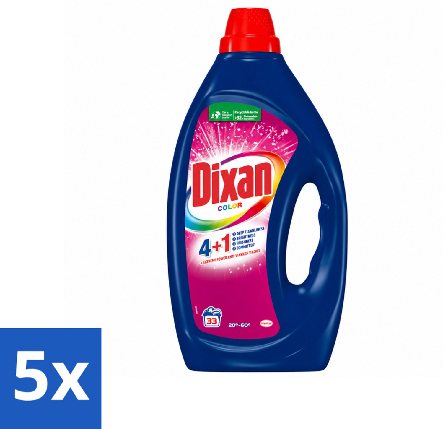 5 x Dixan - Vloeibaar wasmiddel - Voor gekleurde was - 33 wasbeurten - Voordeelverpakking - 5 stuks