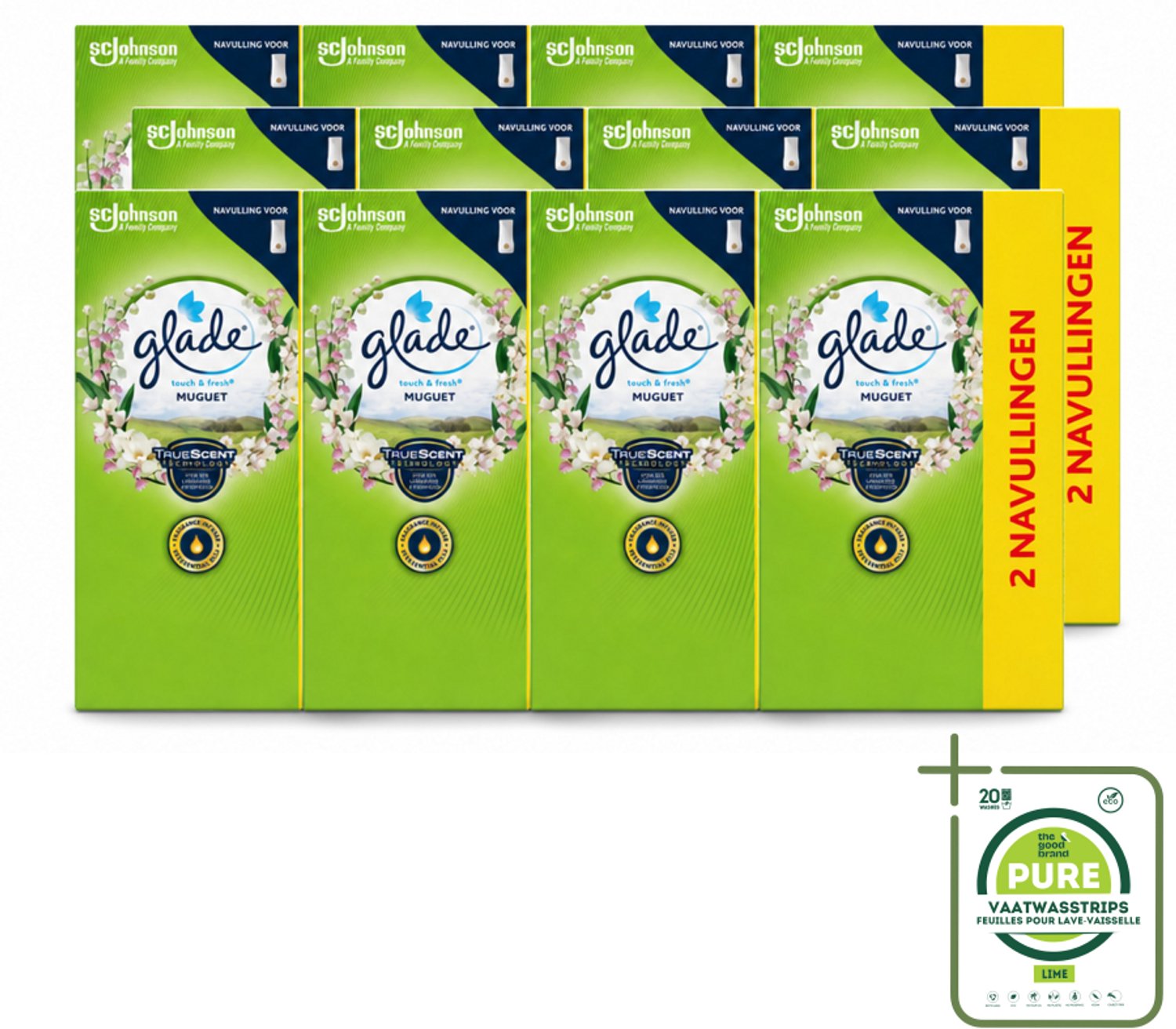 12 x Glade - Touch & Fresh Navulling - Lelietje-van-dalen - 2 × 10 ml - Grootverpakking - Vaatwasstrips - Navulling Muguet - Glade Touch & Fresh - Bloemige Geur - Frisse Geur - Geurverspreiding