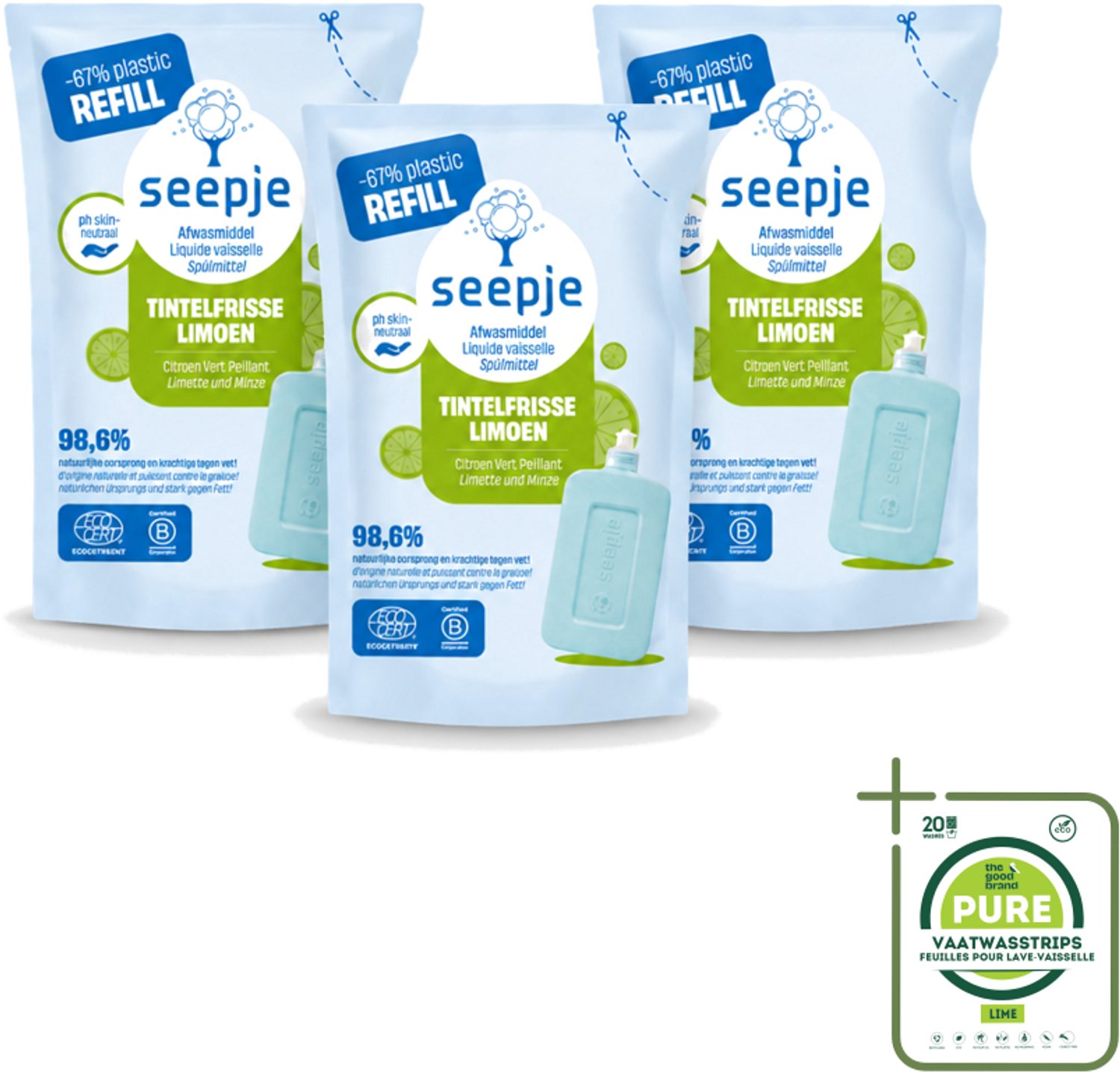 3 x Seepje - Afwasmiddel - Duurzaam & Herbruikbaar - Re-fill - Tintelfrisse Limoen Geur - 500 ml - Grootverpakking - Vaatwasstrips - Afwasmiddel - Afwasmiddel Refill - Limoen Geur - Duurzaam Afwasmiddel - Milieuvriendelijk Afwasmiddel