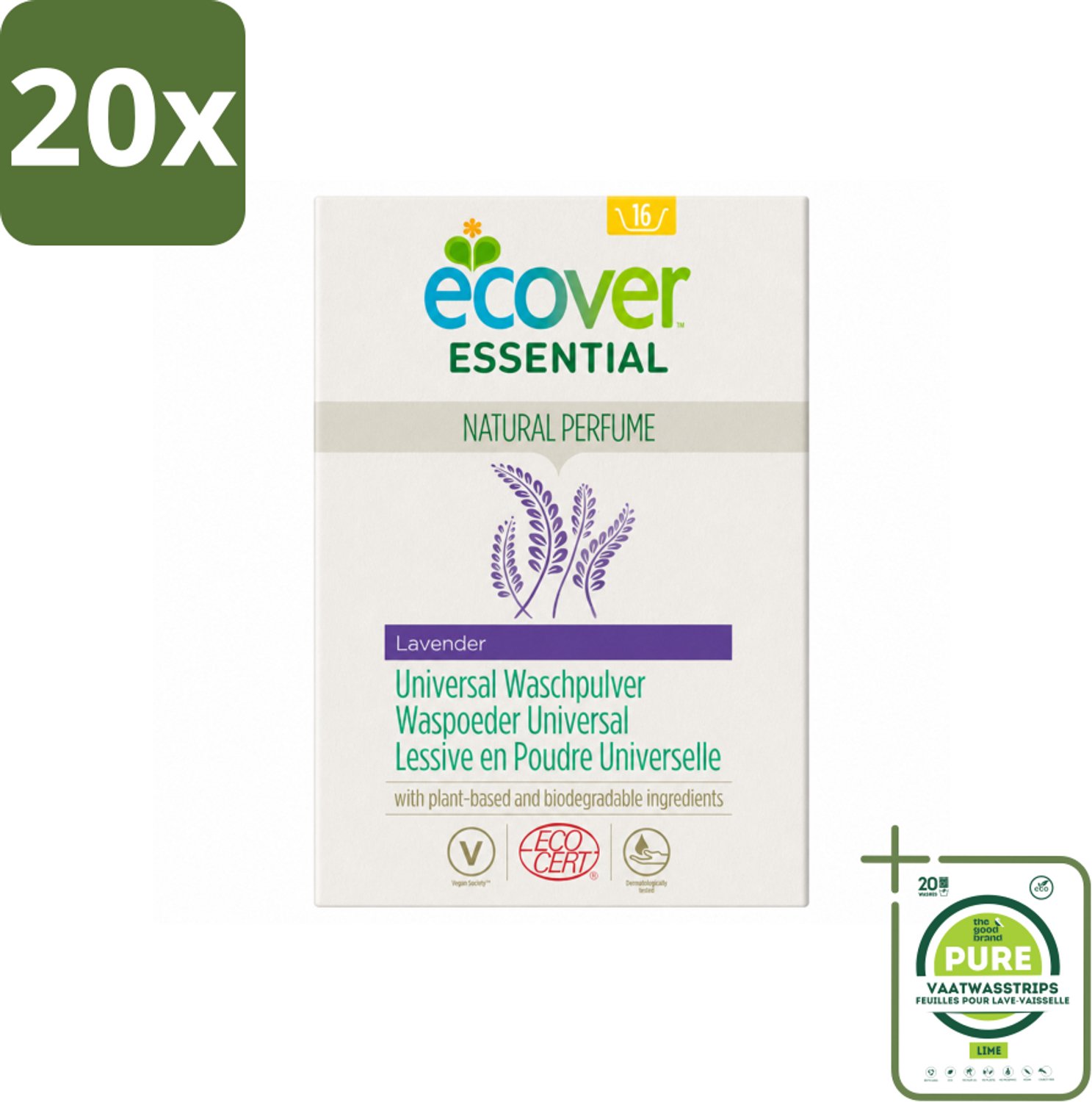 20 x Ecover - Waspoeder Essential - Universal - 1,2 kg - Grootverpakking - Vaatwasstrips - Waspoeder - Witte Was - Stralend Wit - Plantaardig Waspoeder - Biologisch Afbreekbaar