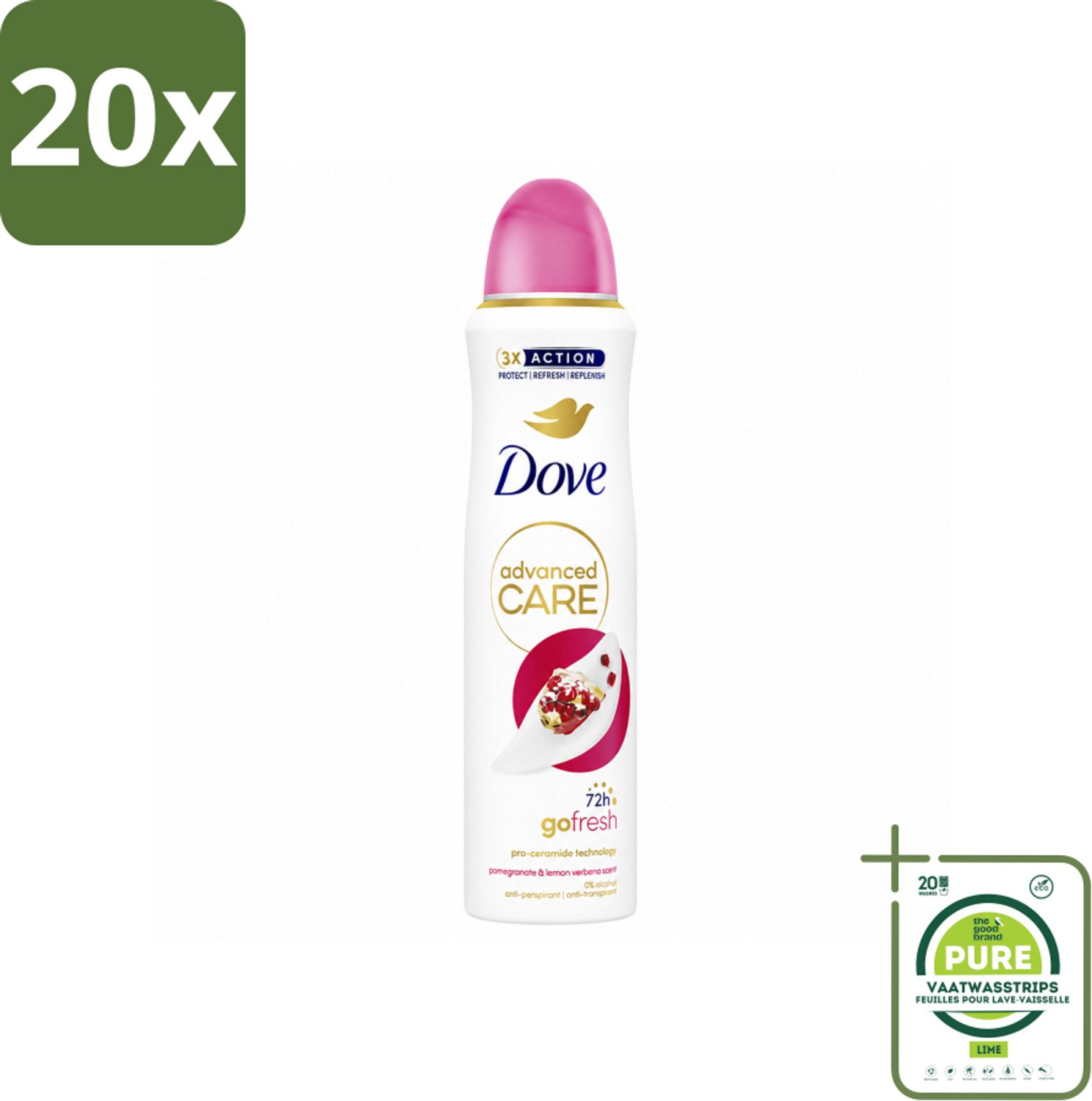 20 x Dove Deodorant Spray - Granaatappel & Citroenverbena - 150 ml - Grootverpakking - Vaatwasstrips - Anti-transpirant - Zweetvermindering - Geurvermindering - Okselhuid Verzorging - Frisheid