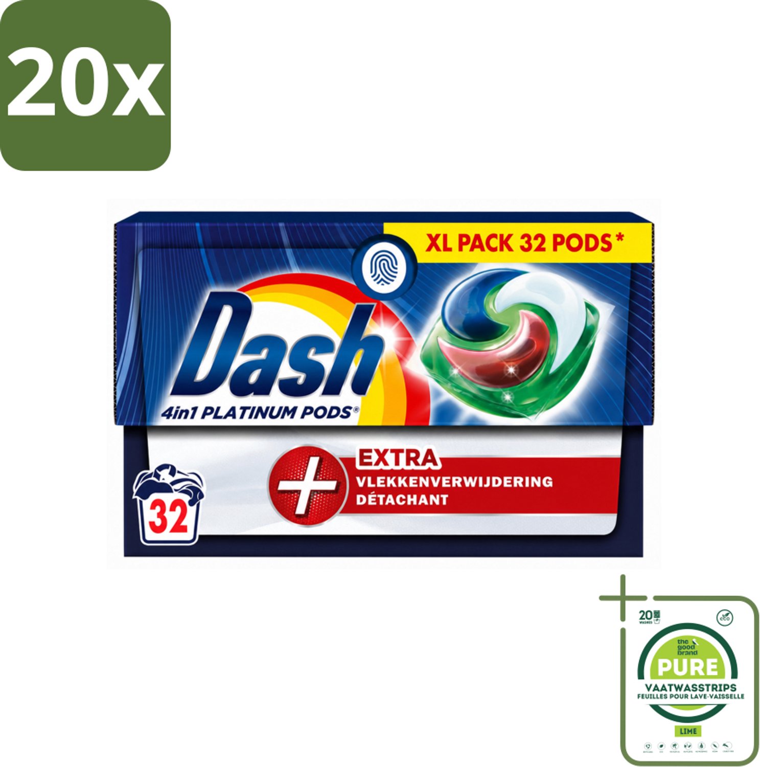 20 x Dash - 4in1 Pods +Extra Vlekkenverwijderaar - Wasmiddelcapsules - Intensieve Reiniging - 32 Wasbeurten - Grootverpakking - Vaatwasstrips - Wasmiddel - Wasbeurt - Vlekkenverwijderaar - Waskracht - Kleurverzorging