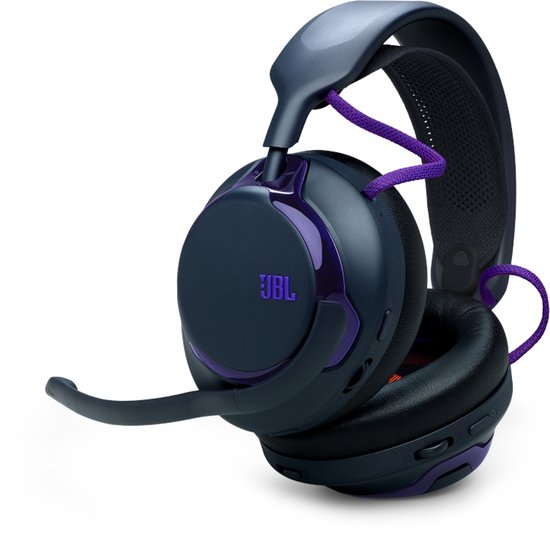 JBL Quantum headset met opklapbare microfoon en paars JBL-logo op de oorschelp.