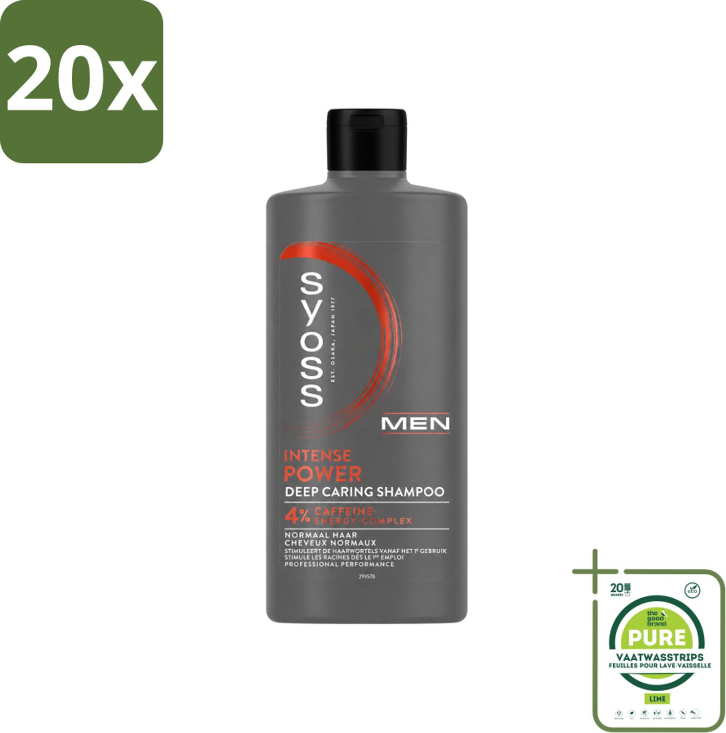 20 x SYOSS - Men Power - Shampoo - Langdurige Styling - 440ml - Grootverpakking - Vaatwasstrips - Mannelijk Haarverzorging - Krachtig Haar - Haar Stimulatie - Cafeïne Shampoo - Gezonde Haargroei