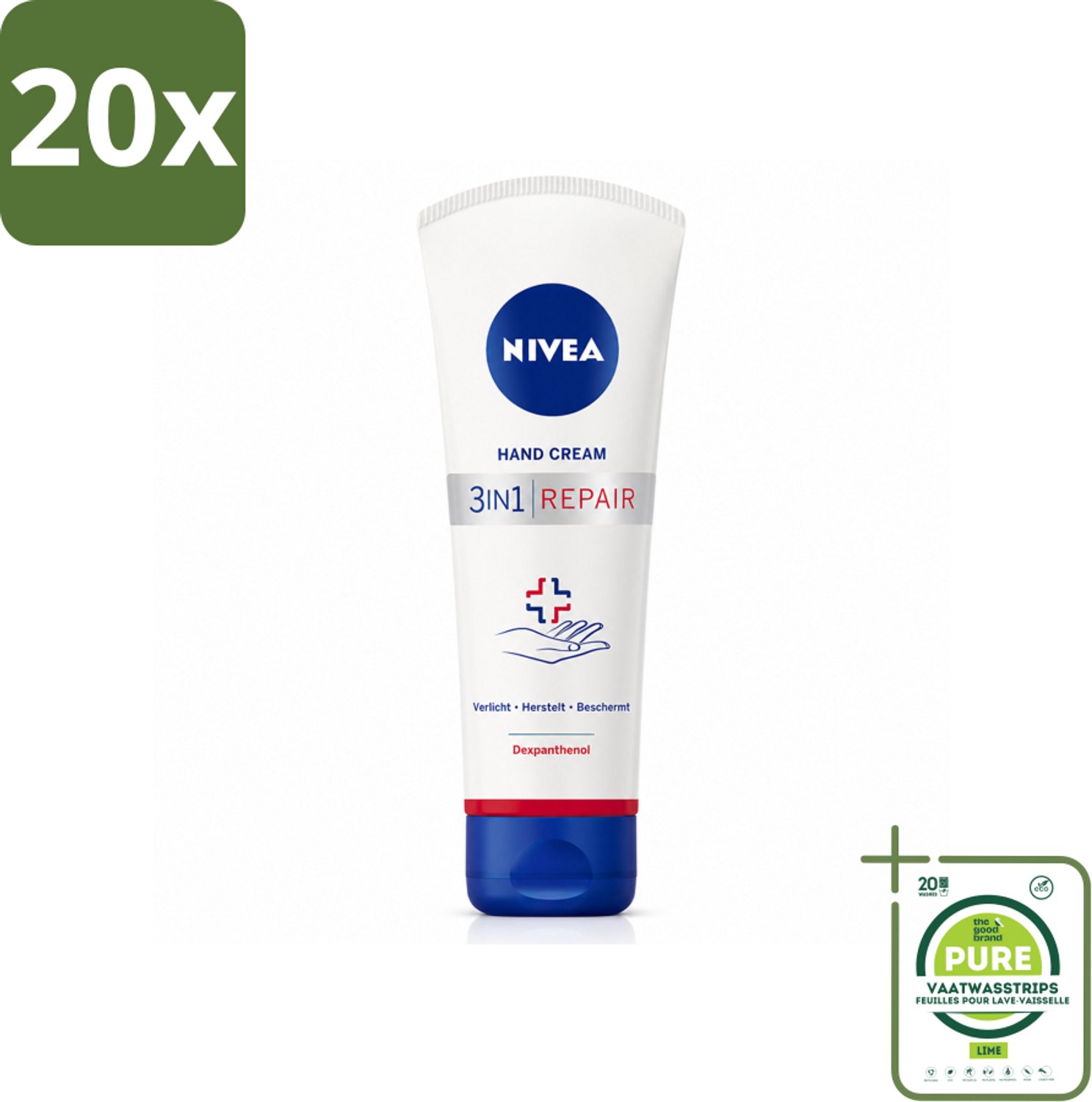 20 x NIVEA - Handcrème - 3-in-1 Herstel - Verlicht - Herstelt - Beschermt - 100 ml - Grootverpakking - Vaatwasstrips - Handcrème - Droge Handen - Herstel - Hydratatie - Huidbarrière