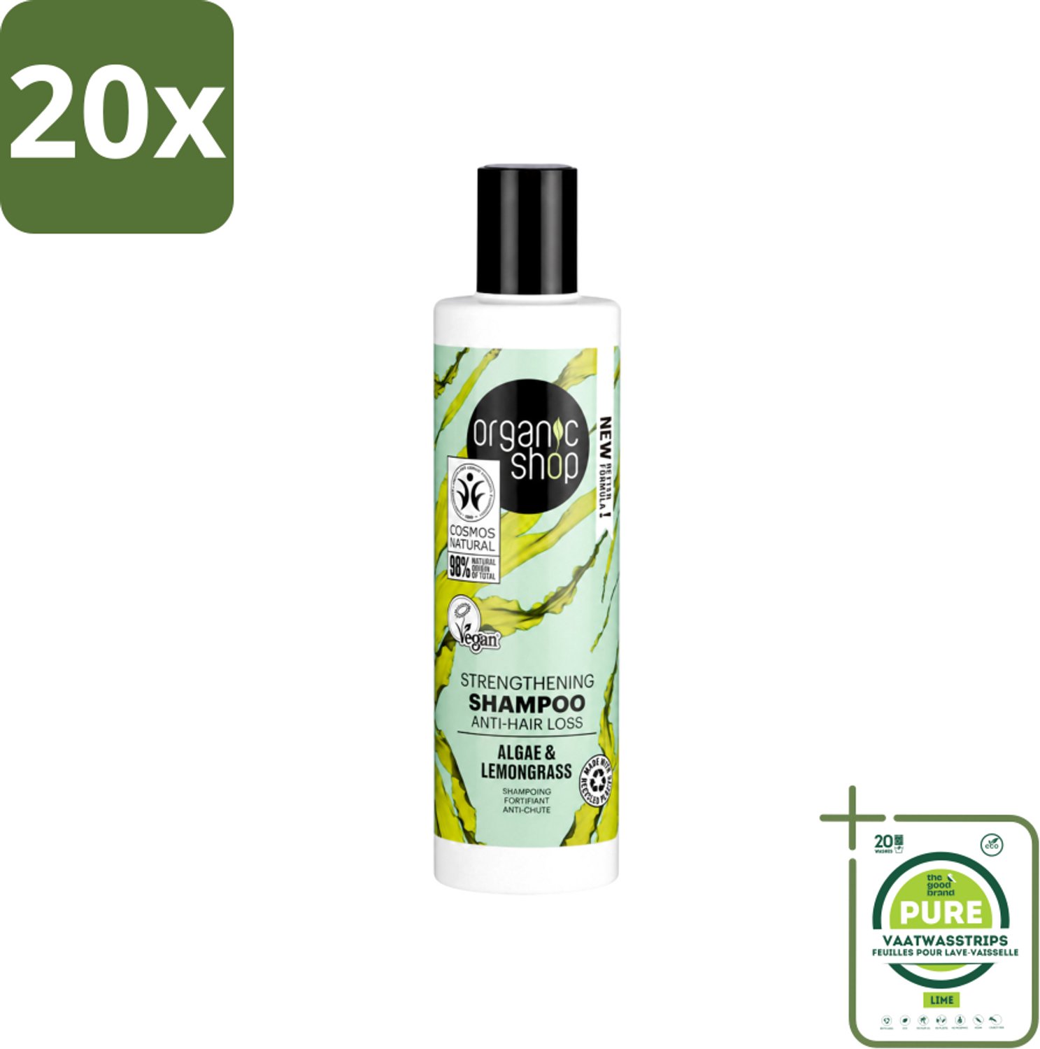 20 x Organic Shop - Algae & Lemongrass Strengthening Shampoo - Versterkend en Herstellend - 280 ml - Grootverpakking - Vaatwasstrips - Haarversterking - Haaruitval - Organisch Algenextract - Citroengrasolie - Gezonde Haarwortels