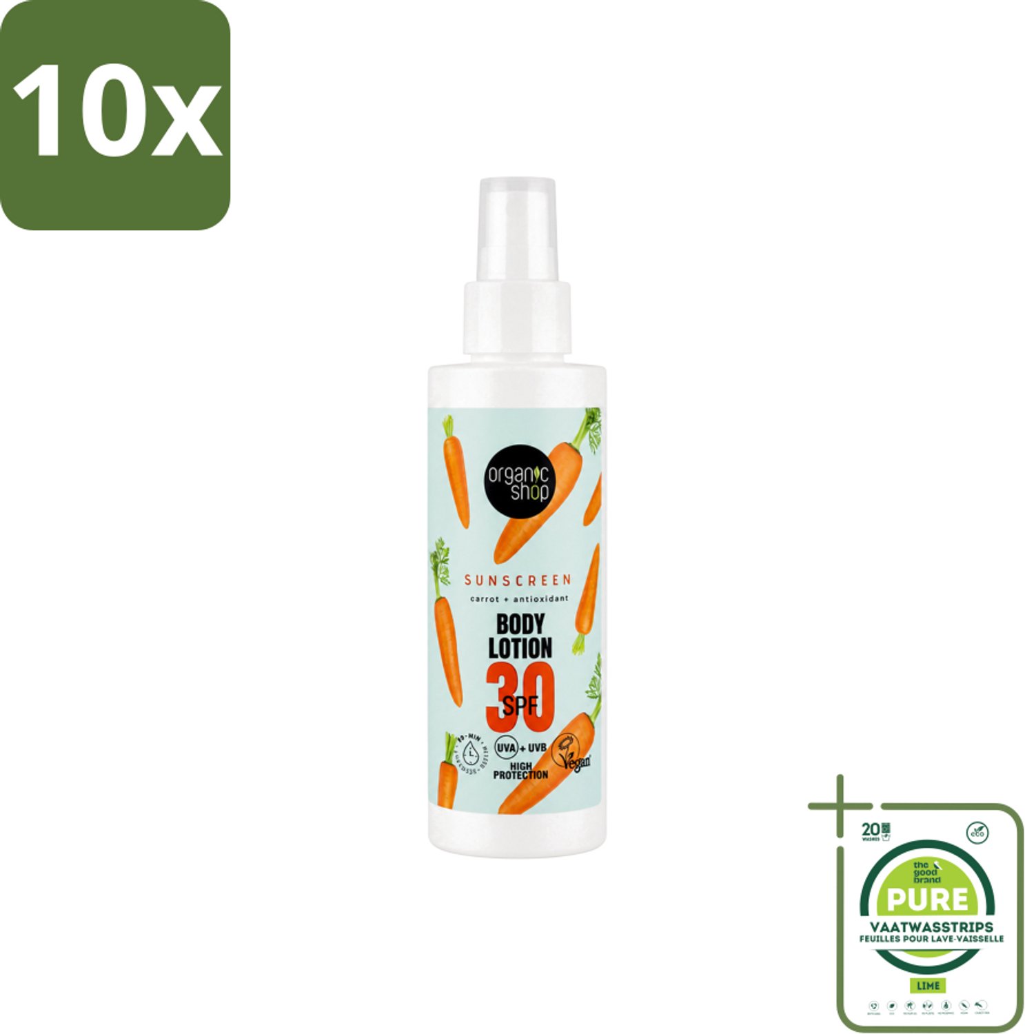 10 x Organic Shop - Zonnebrandcrème SPF 30 - Bescherming tegen de Zon - 150 ml - Grootverpakking - Vaatwasstrips - Zonbescherming - Zonnebrandcrème - SPF 30 - Natuurlijke Zonbescherming - Antioxidanten