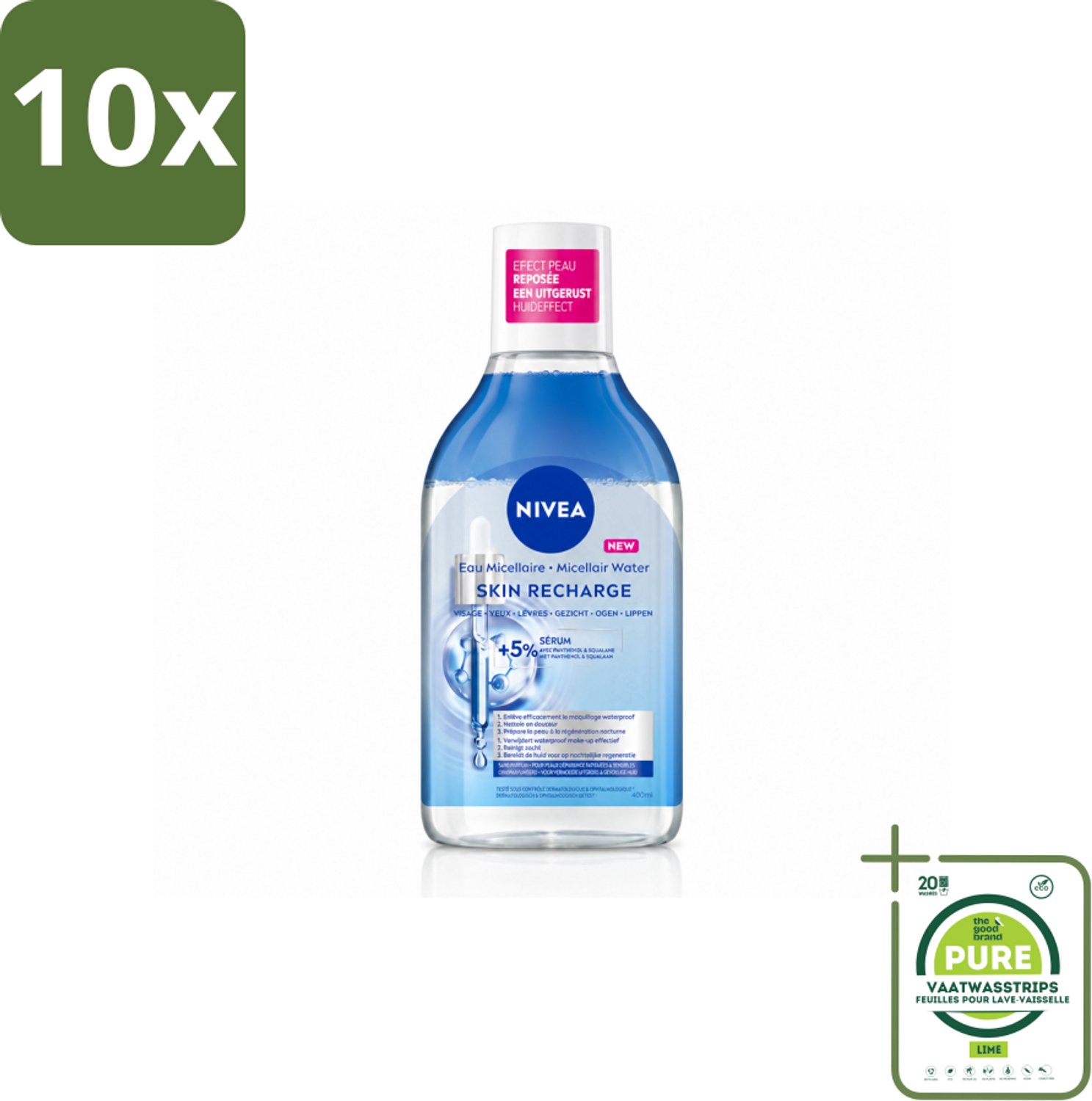 10 x NIVEA - Micellair Water - Serum Verrijkt Opladend - Verwijdert Waterbestendige Make-up - 400 ml - Grootverpakking - Vaatwasstrips - Micellair Water - Gevoelige Huid - Reinigen - Hydrateren - Nachtelijk Herstel