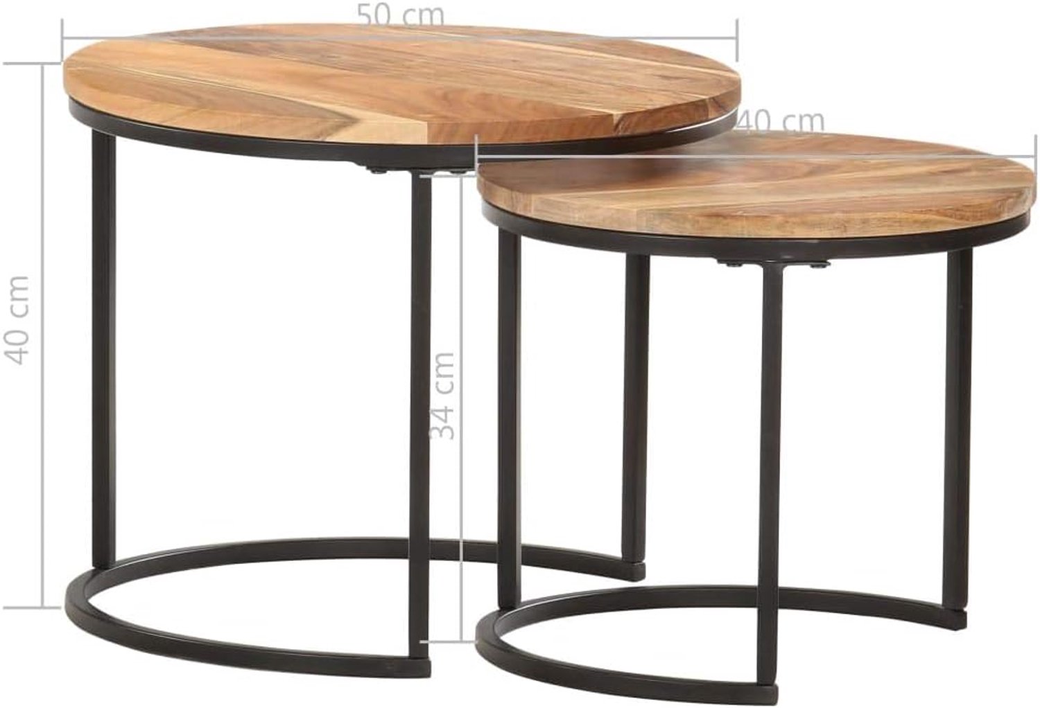 Set van 2 bijzettafels van massief hout acacia met geolied oppervlak, stijlvolle bijzettafels in verschillende maten voor woonkamer en hal, ruimtebesparend stapelbaar, eenvoudig