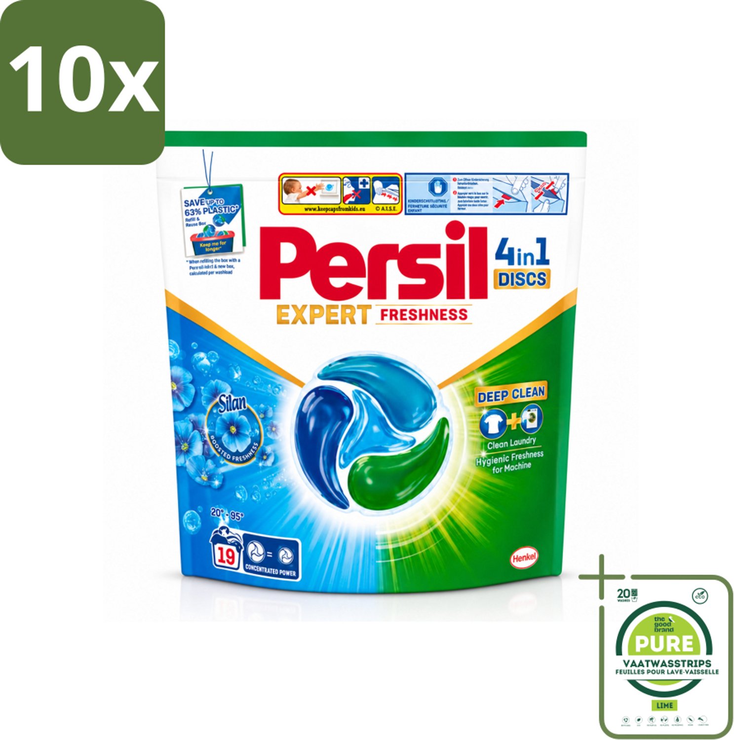 10 x Persil - Wasmiddel - Wasmiddelcapsules Freshness by Silan - Langdurige Frisheid - 19 wasbeurten - Grootverpakking - Vaatwasstrips - Wasmiddelcapsules - Frisheid - Diepe Reiniging - Silan - Wasmachine