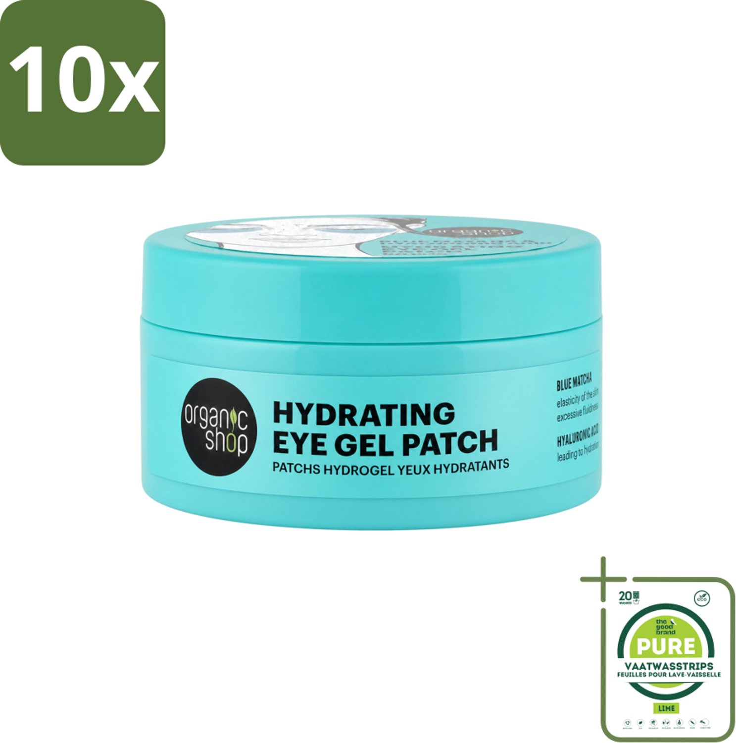 10 x Organic Shop - Eye Gel Patch Blue Matcha & Hyaluronic Acid - Verfrissend en Hydraterend - 60 Patches - Grootverpakking - Vaatwasstrips - Oogverzorging - Hydratatie - Anti-oudering - Oogpatches - Matcha
